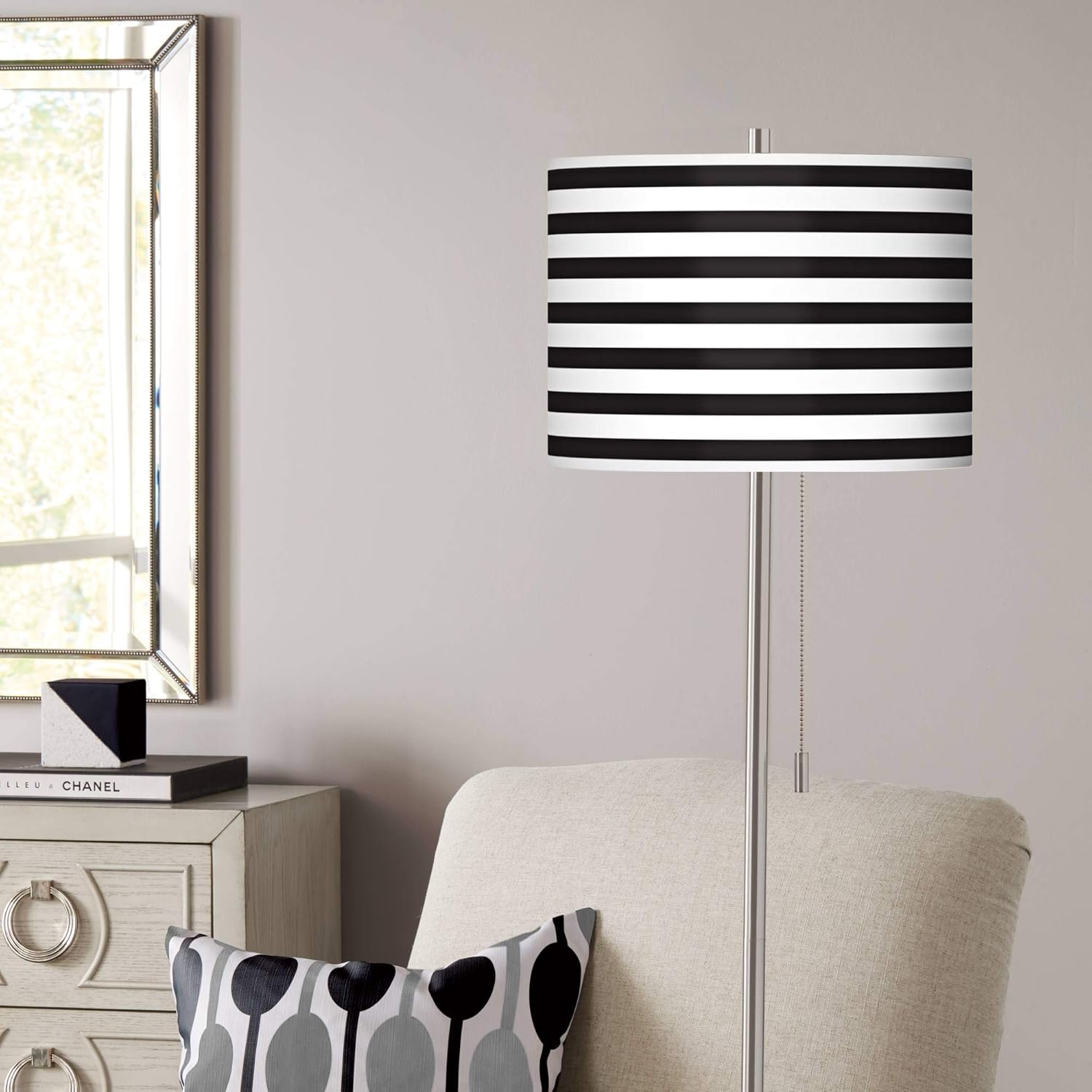 Black Stripe Print Shade Brushed Nickel Pull Chain Floor Lamp