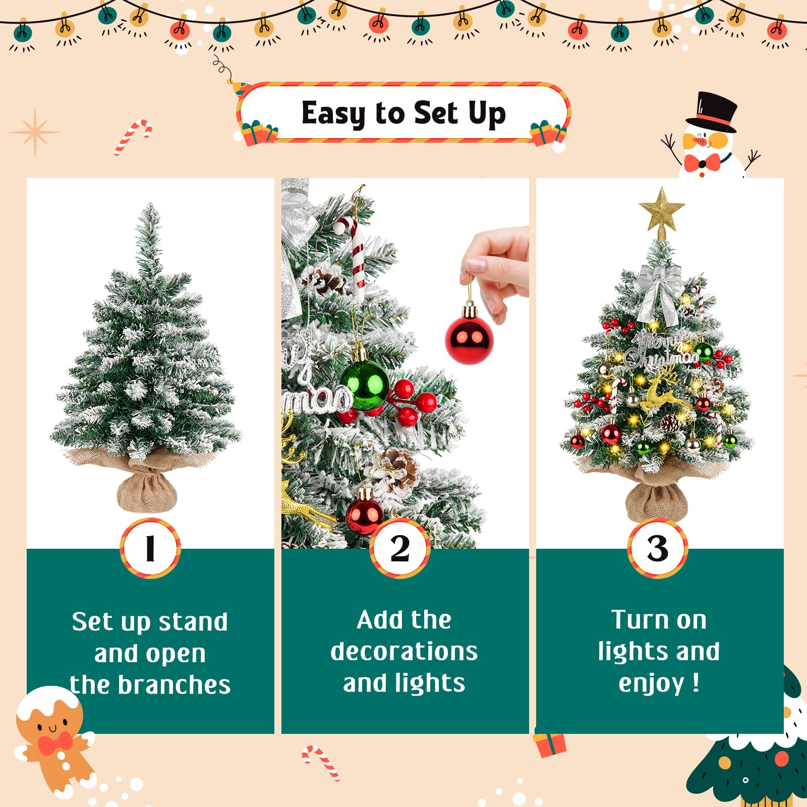 Mini sapin de Noël artificiel avec 40 lumières - 61 cm / 61 cm - Petit sapin de Noël artificiel avec décorations de Noël pour cheminée, cheminée - Décorations de Noël