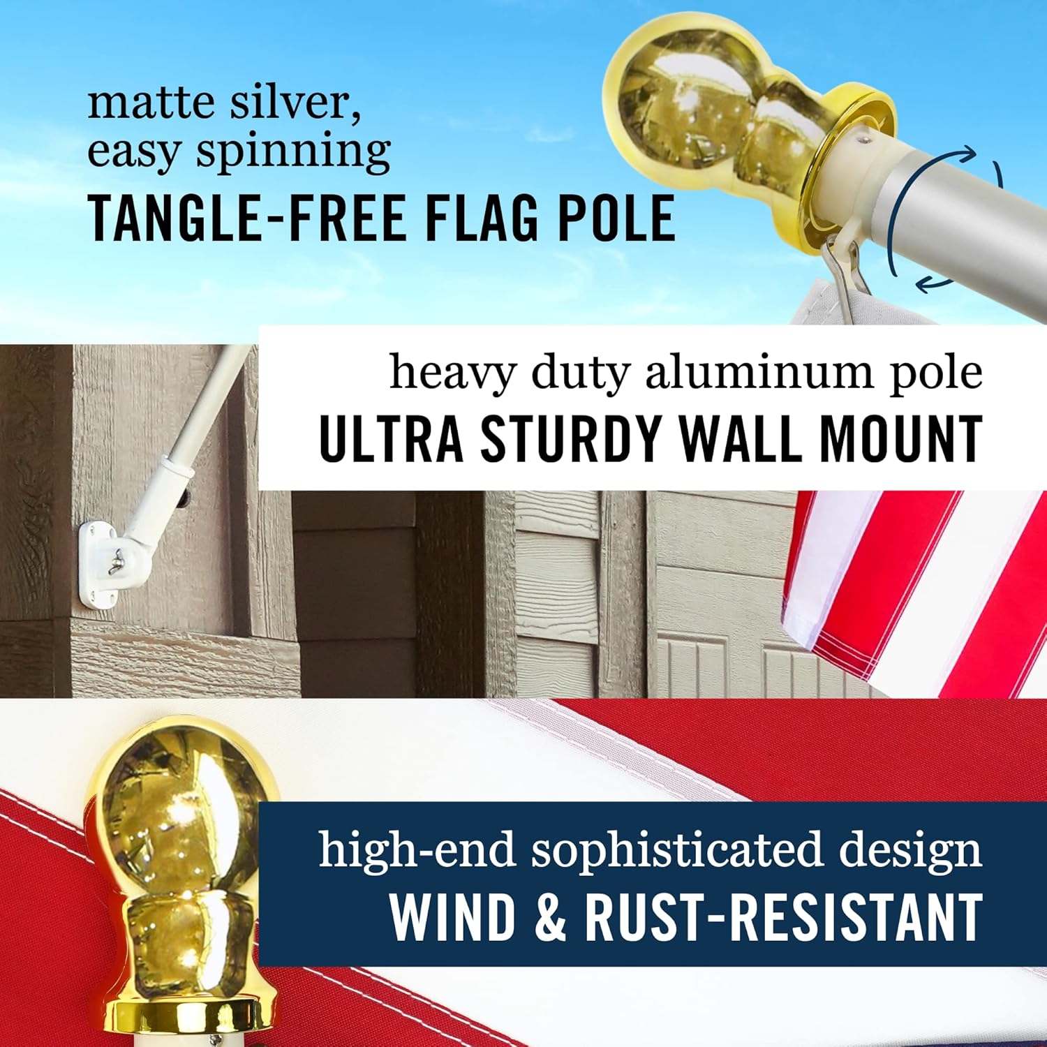 Silver Flag Pole Kit for House – Heavy Duty 6ft Stainless Steel Spinning Flagpole with 360° Tangle Free Rings, 1" Rustproof Outdoor Pole with Adjustable Bracket & 3x5 Embroidered USA Flag for Porch or Garden
