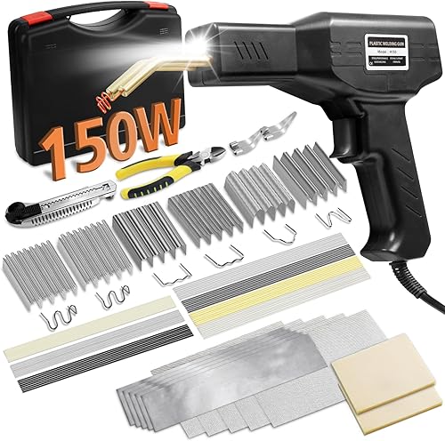 Soldador de plástico de 150 W, kit de soldadura de plástico, reparación de parachoques de automóvil, 800 grapas calientes y 56 piezas, 7 tipos de