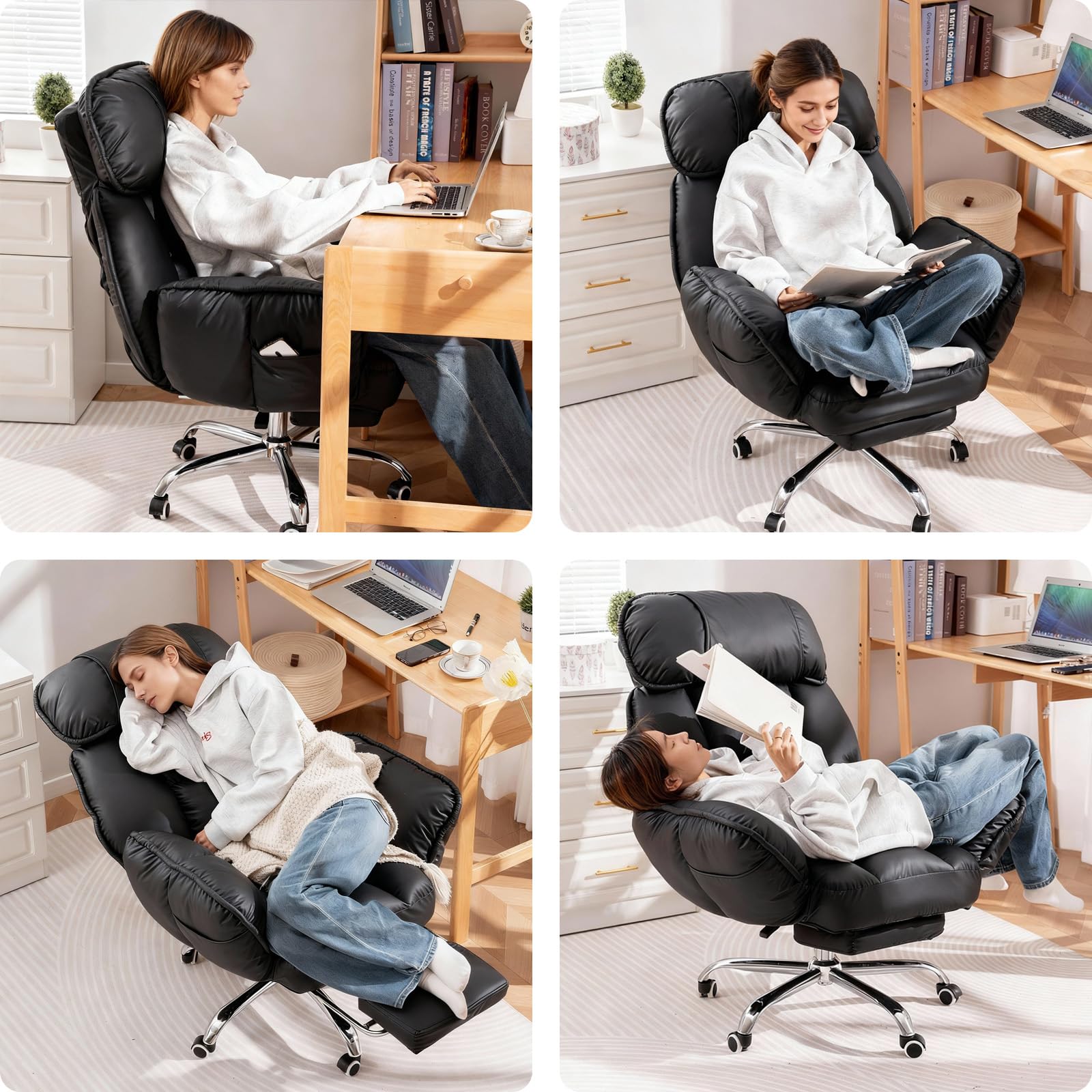 Bürostuhl Ergonomisch mit Fußstütze, Komfort im Sofa-Stil, Weiche Armlehnen | Strapazierfähiges Kunstleder, Rückenlehne mit 5 Positionen, Höhenverstellbar，Gaming Stuhl mit Rollen, Chefsessel Schwarz