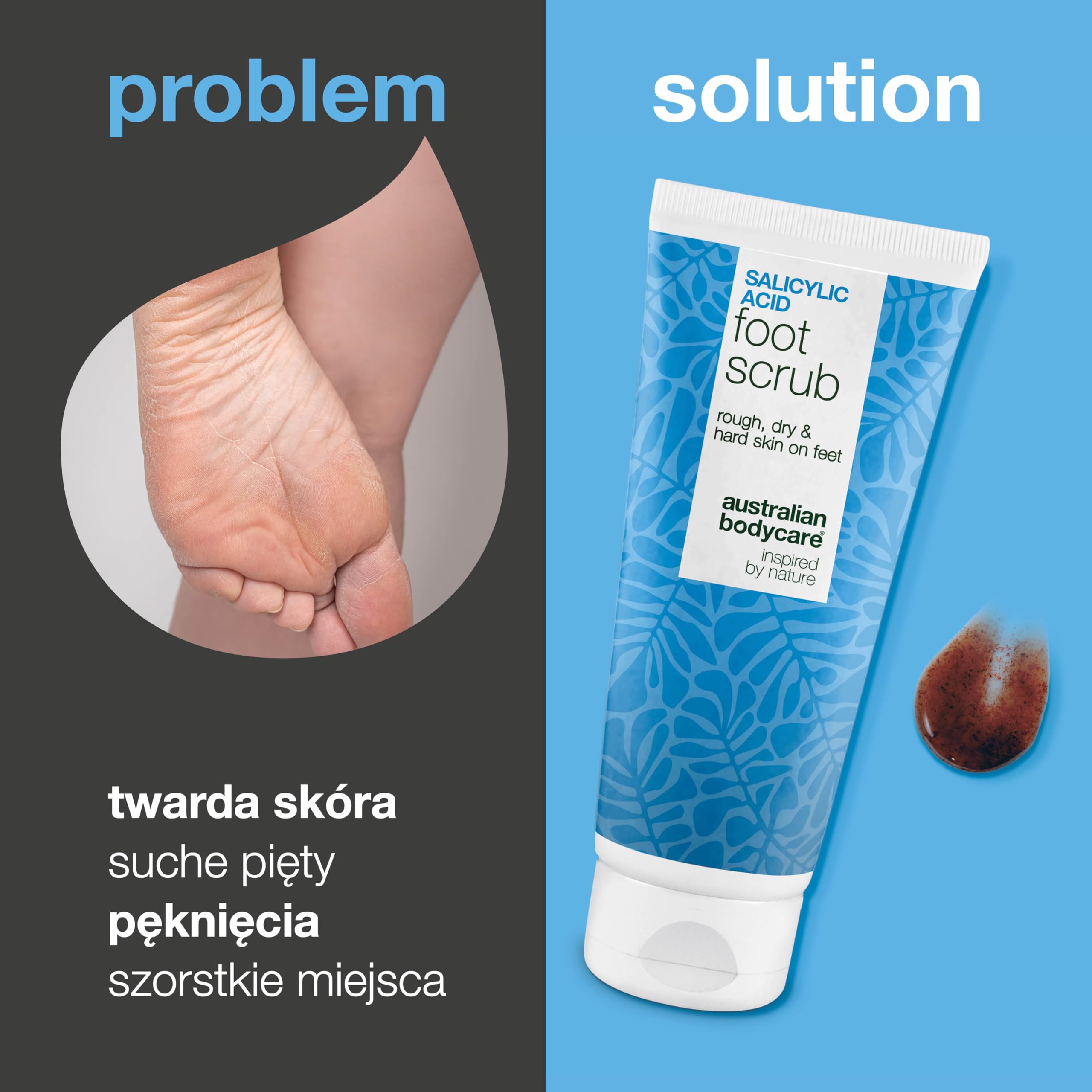 Peeling do stóp na popękane pięty, zrogowacenia na stopach i suchą skórę – AHA/BHA z kwasem glikolowym + salicylowym i pestkami moreli, usuwa martwy naskórek