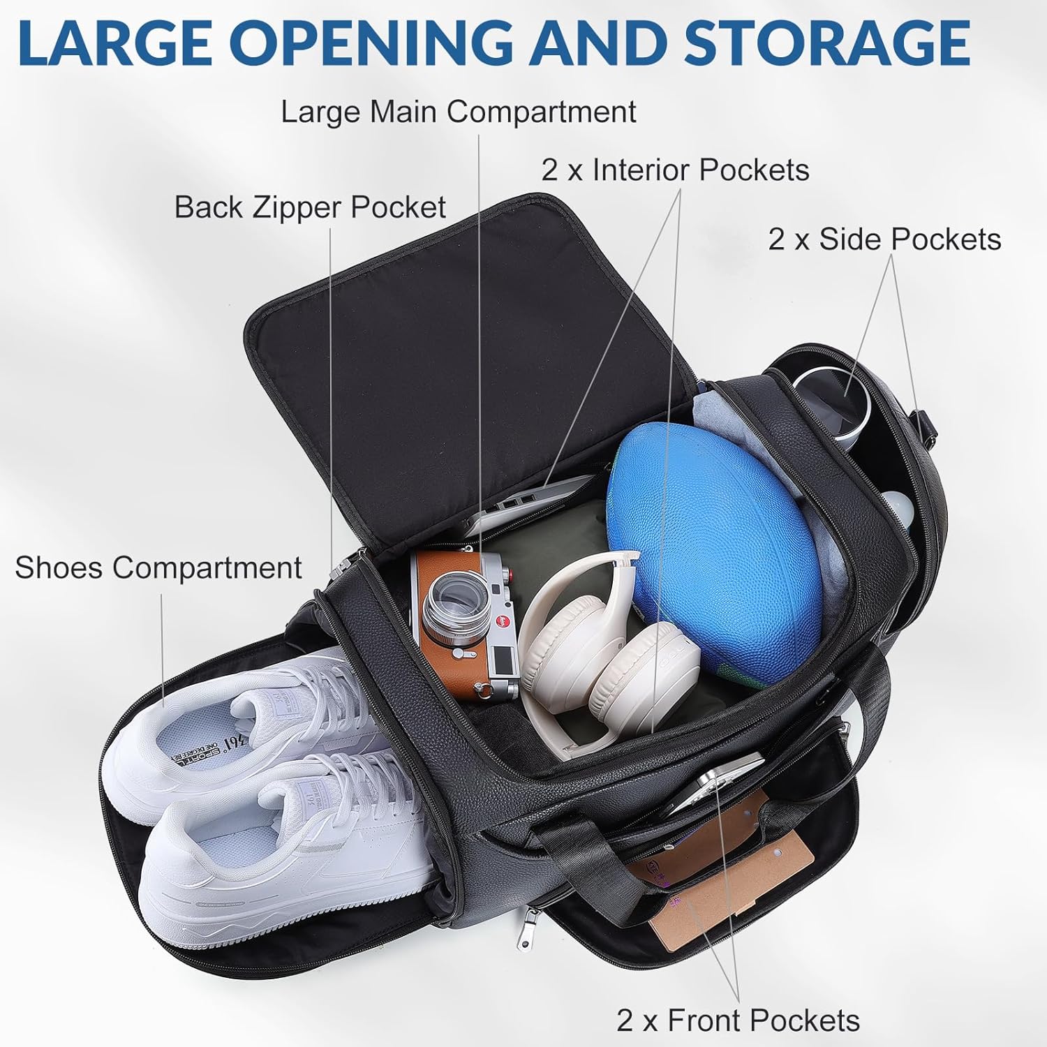TIDING 21" Leather Travel Duffle Bag for Men Women, 40L Gym Sports Duffel Bag Waterproof Weekender Overnight Luggage Bag with Shoe Compartment - Image 4