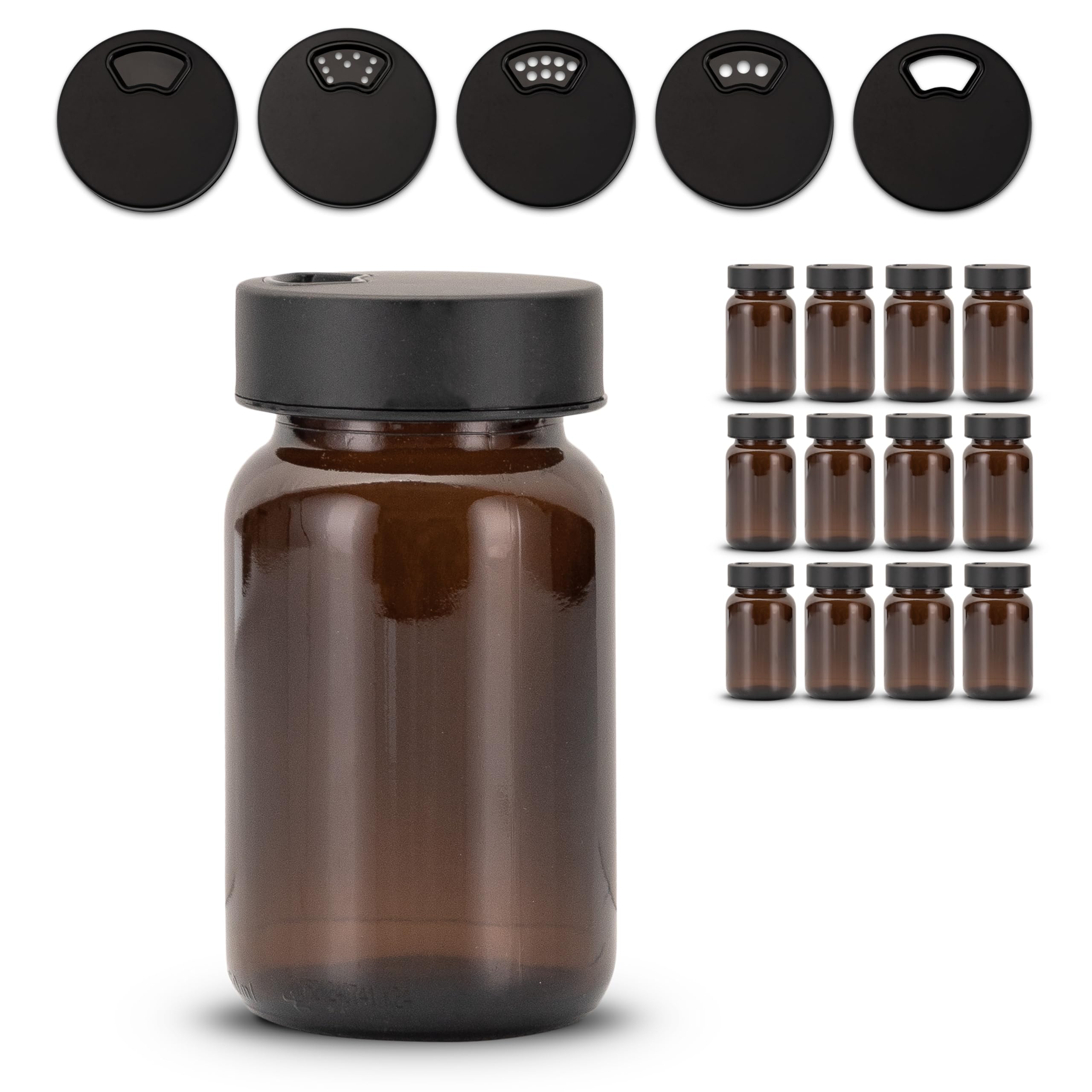 12 Stück Gewürzgläser – Premium Gewürzglas aus Braunglas | Gewürzstreuer Set | Gewürzdosen mit Deckel und UV-Schutz | Gewürzbehälter mit Edelstahl-Streudeckel, 150ml