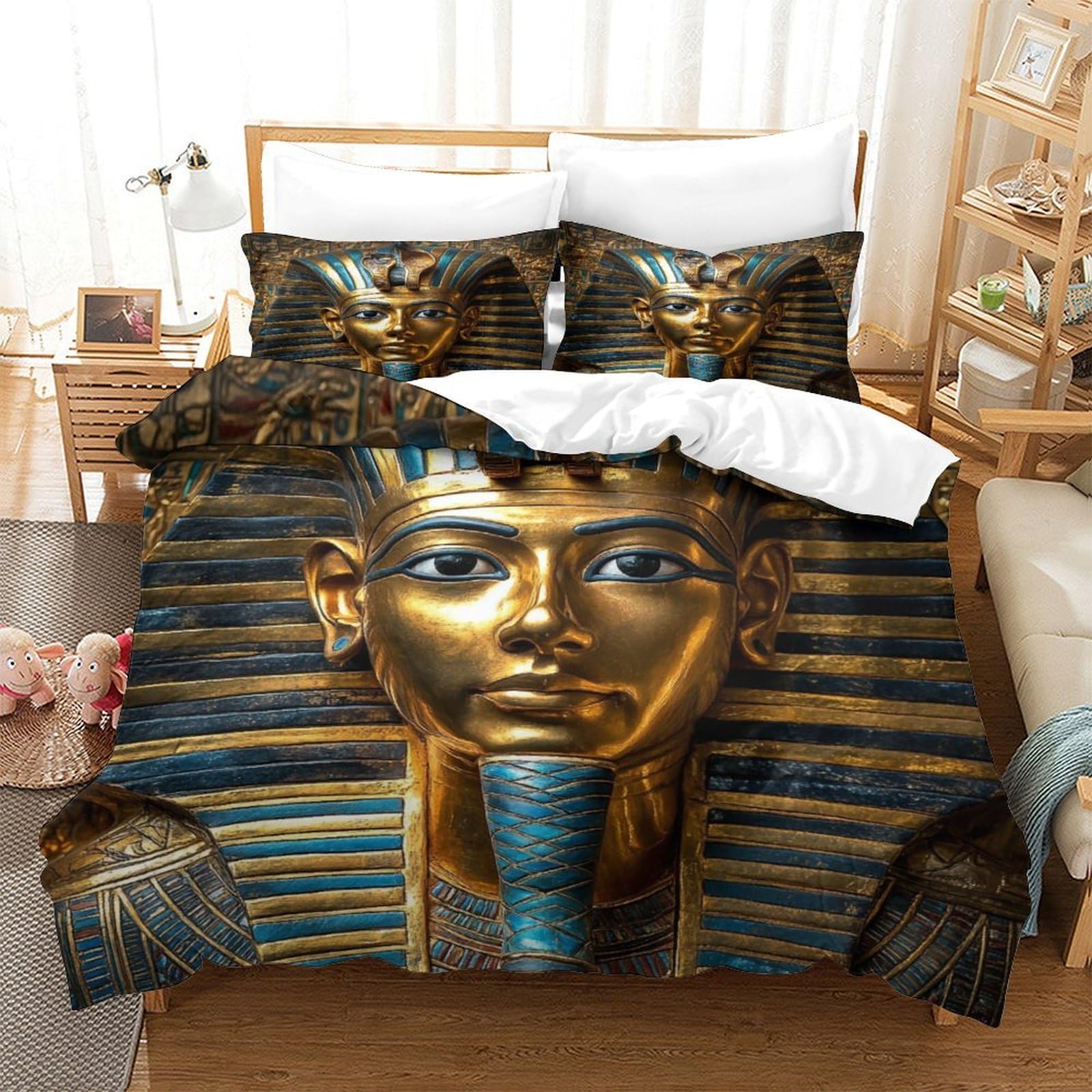 Egyptian Pharaoh zestaw poszewek na kołdrę: Premium welurowa mikrofibra, przytulna pościel dla chłopców i dziewczynek, akcesoria do pokoju młodzieżowego, super King (260 x 220 cm)