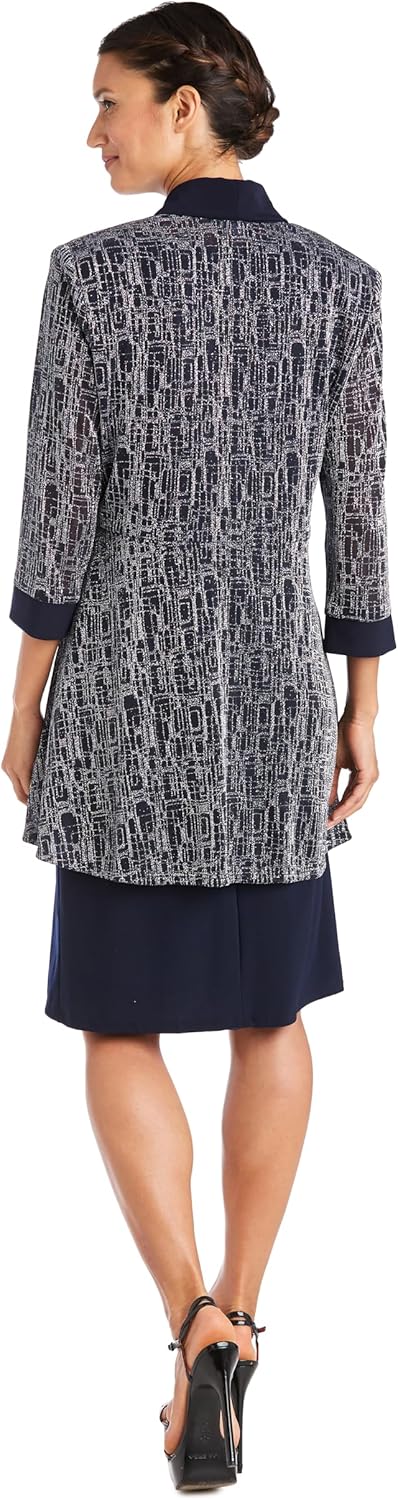 Elegant 2 PC Metallic Knit Classic Jacket Dress W/Detachable Necklace