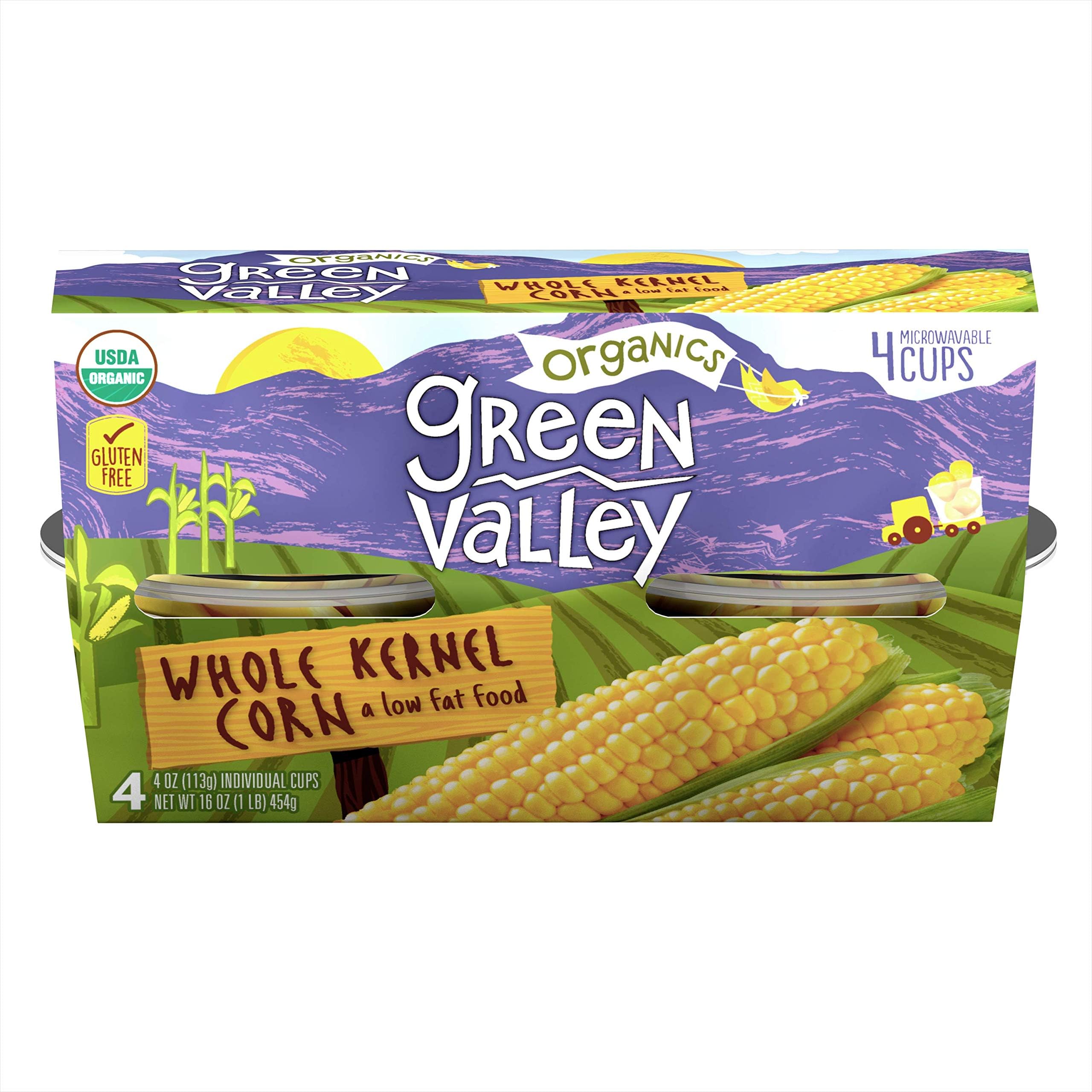 Green Valley Organics Whole Kernel Corn | Certified Organic | Non-GMO Project Verified | 100% Supersweet Variety Corn | Deliciously Sweet | Six 4-pack sleeves of 4.0 ounce cups (24 cups total)