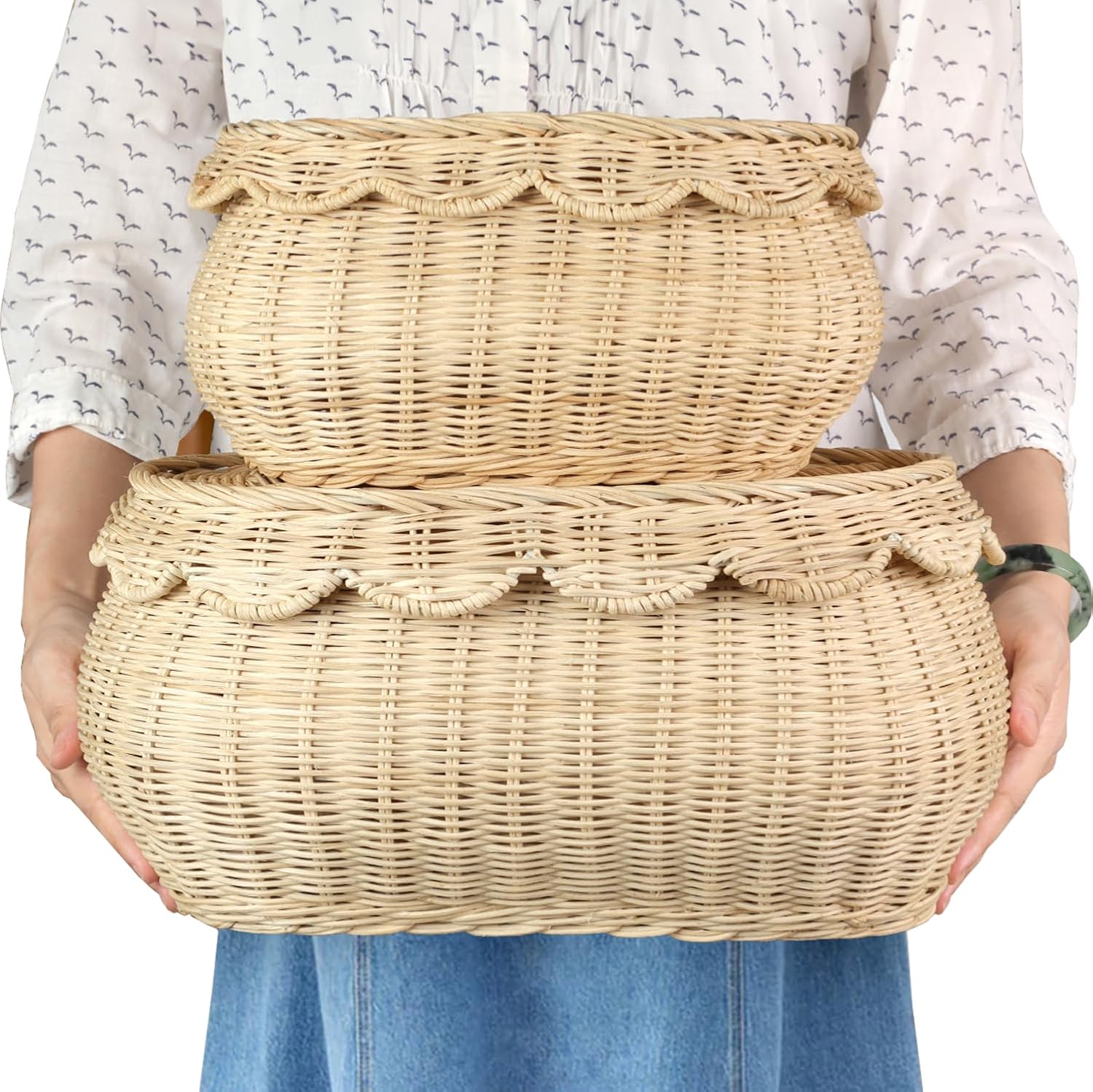2pcs Hand Woven Rattan Scallopped Baskets with Lid, Small Rattan Basket, Decorative Wicker Storage Baskets, Storage Basket for Living Room, Bathroom, Bedroom, Food, Bread, Picnic