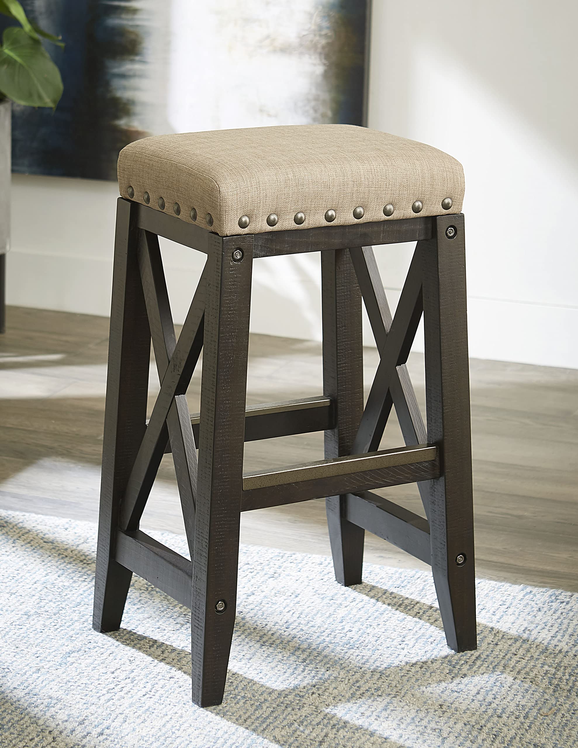 International Yosemite Solid Wood Upholstered Bar Stool by Modus Furniture – 31Hx18Wx14D inches, Pine, Café, Model 7YC968U