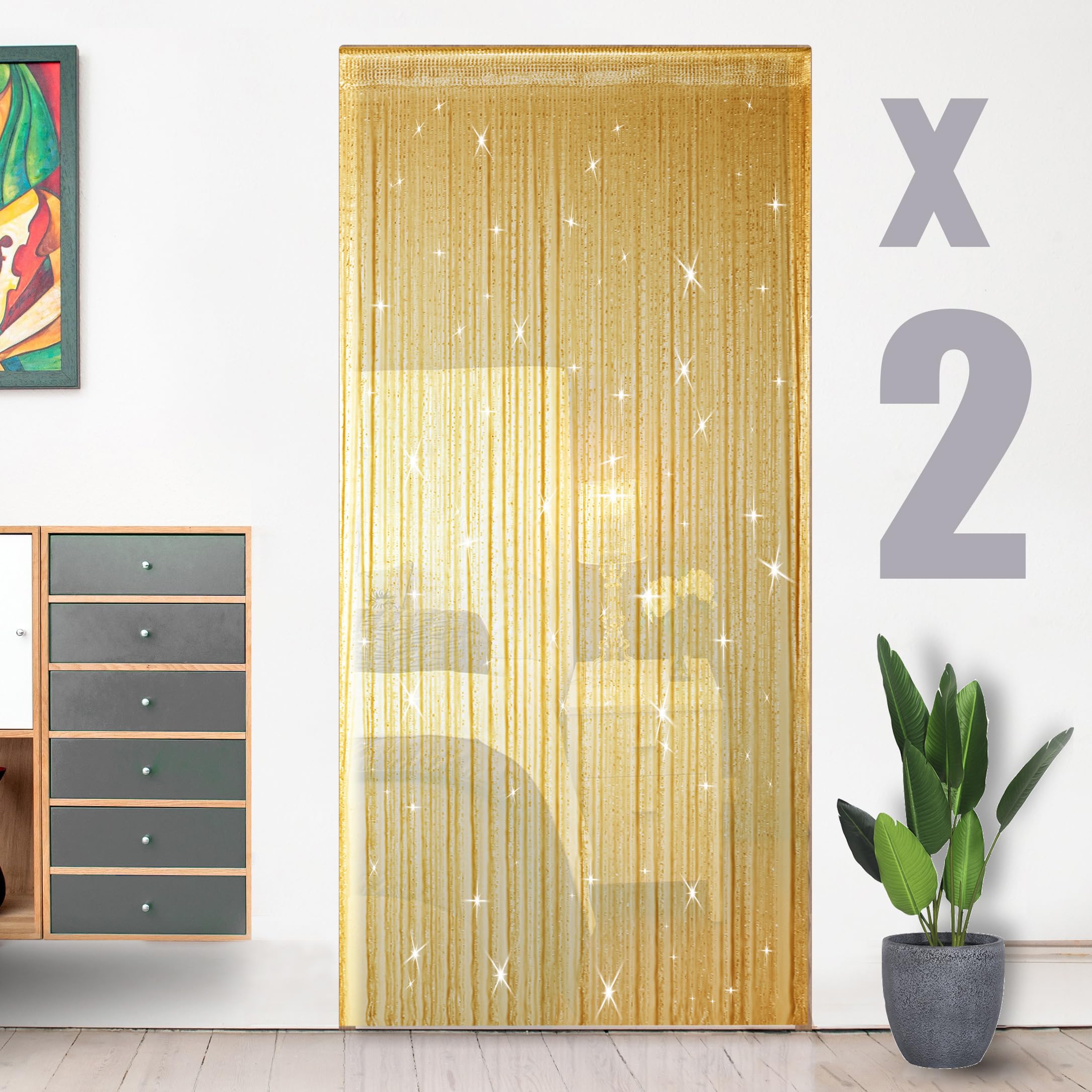 HYSENM 2 Pack Door Curtains 100 x 200cm Fly Screens for Doors, Beaded String Curtain for Doors, Door Fly Screen Curtain for Doorways - Gold