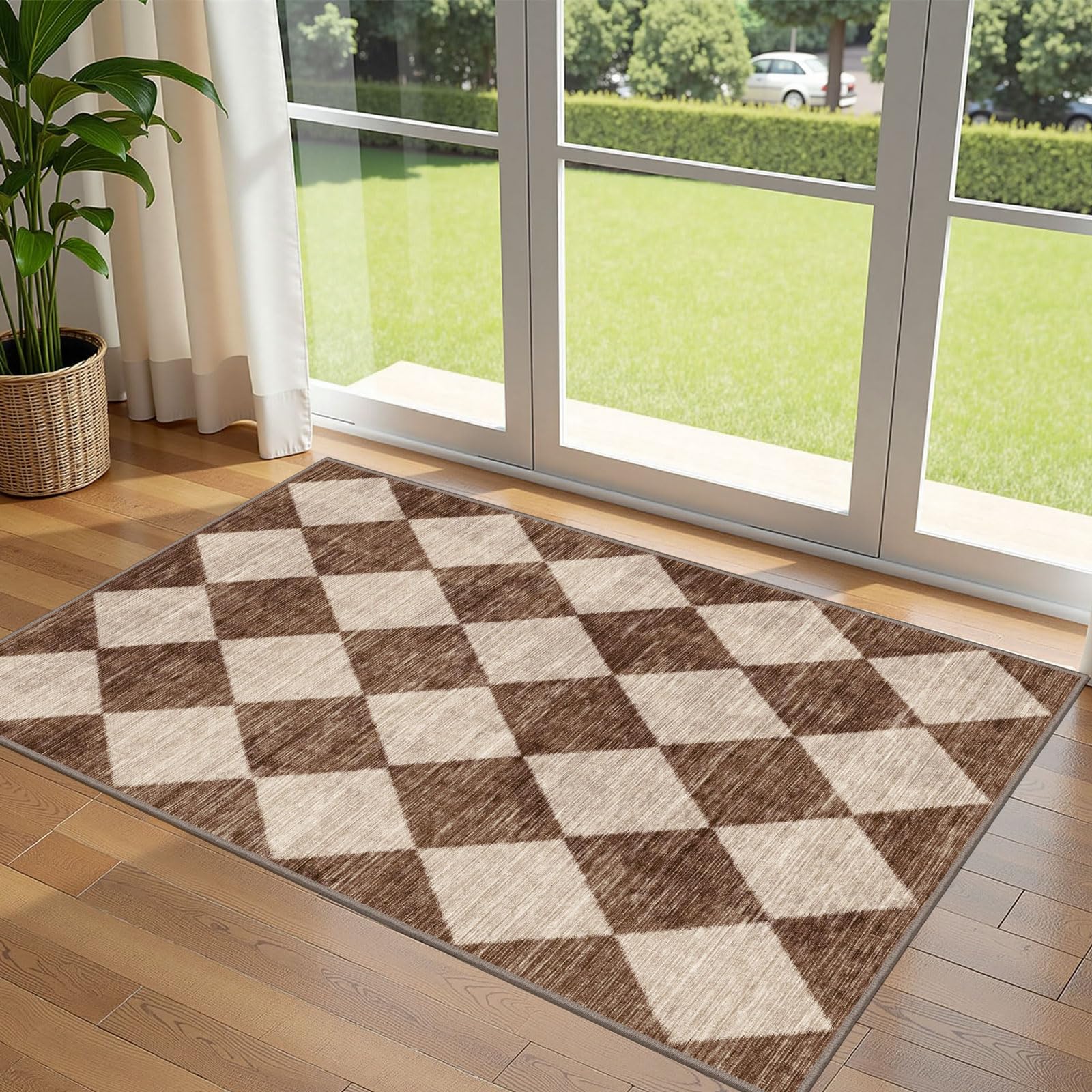 Othilic Brown Beige Checkered Entry Rug - 3x5 Non-Slip Washable Indoor Outdoor Front Door Mat Porch Rug Geometric Diamond Throw Carpet for Living Room Bedroom Entryway Kitchen Office Fall Porch Decor