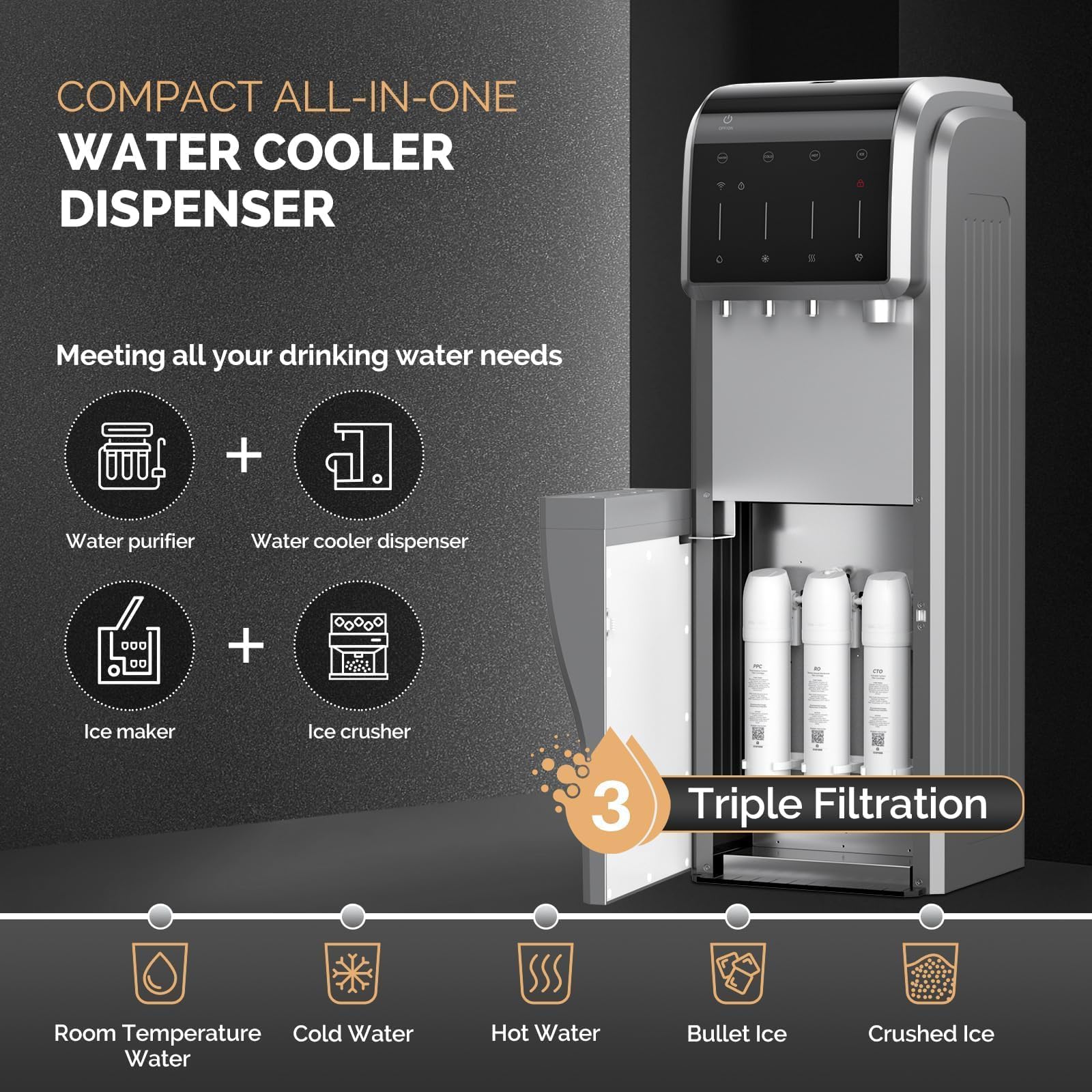 ICEPURE 6-in-1 Bottleless Water Cooler with Ice Maker with 3-Stage Reverse Osmosis Filters, WiFi, Bullet and Crushed Ice, 35lbs/24H, Hot and Cold Water, Child Lock, Stainless Steel on Fridge.com