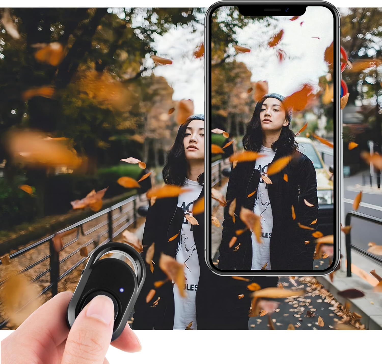 A person using the Polarduck Bluetooth Remote Control to take a photo with a smartphone in an outdoor setting.