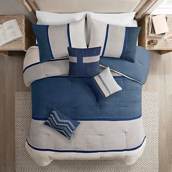 Madison Park Palisades Comforter Set Modern Faux Suede Pieced Stripe Design, All Season Down Alternative Cozy Bedding with Matching Shams, Decorative Pillows, Queen(90x90), Multicolor, 7pcs
