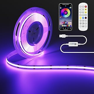 OULARA 5V USB RGB COB LED Streifen 1M mit Bluetooth Smart APP Controller,Farbwechselnde RGB Streifen Licht mit 600LEDs/M,Multicolor Flexible LED Band für TV,Schlafzimmer,Party DIY Dekoration