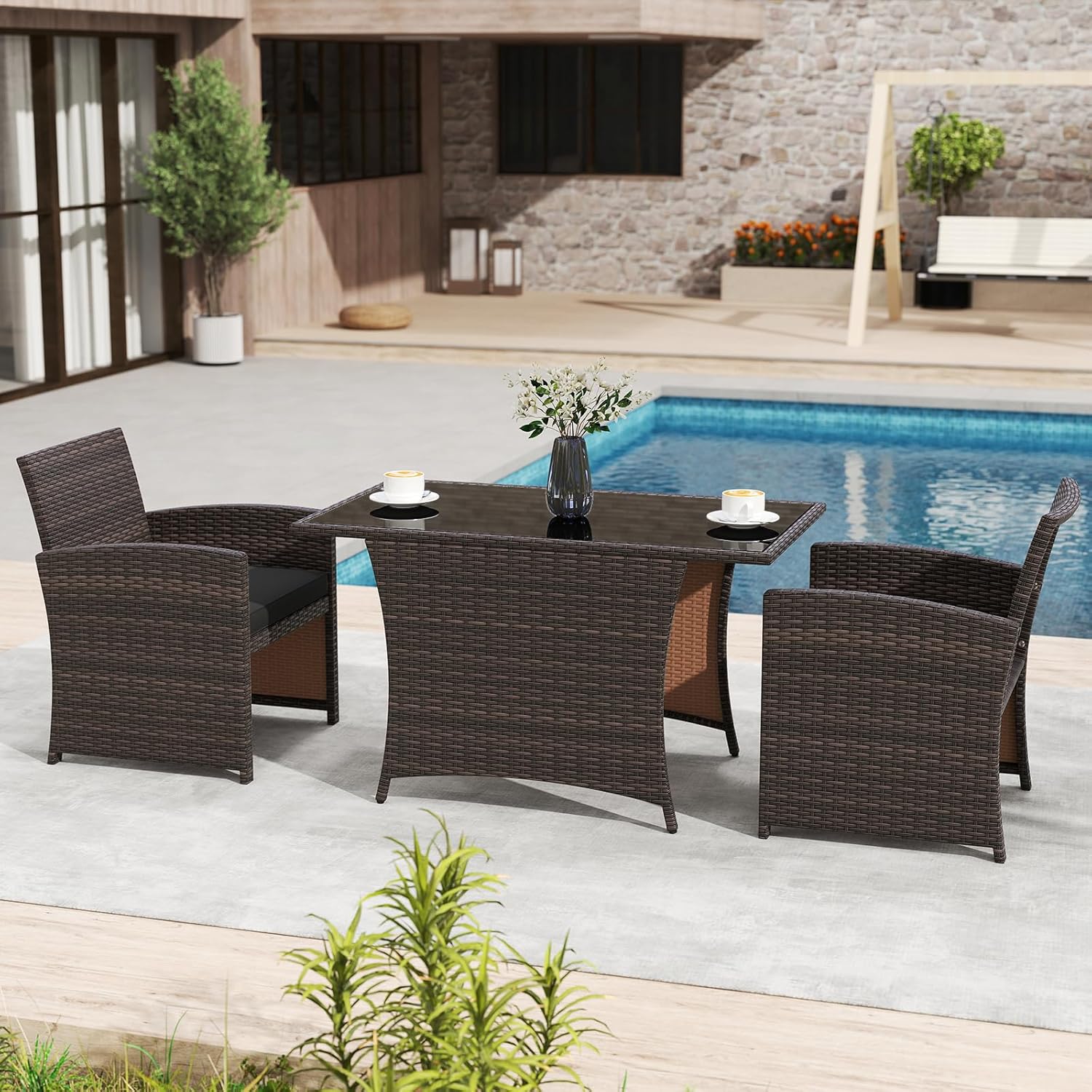 HAPPYGRILL 3 Pieces Patio Wicker Dining Set, Balcony Furniture Set w/Tempered Glass Dining Table, 2 Chairs, Comfy Cushions, Space-Saving Dining Set for Small Spaces, Perfect for Garden, Backyard