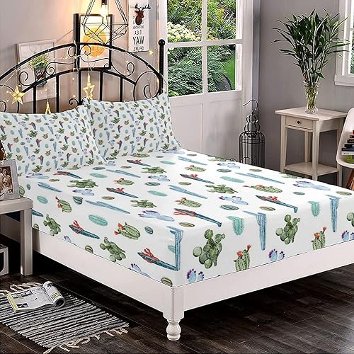 Juego de sábanas decorativas tamaño individual XL, juego de sábanas bajeras con bolsillos profundos de cactus y 2 fundas de almohada (sin sábana