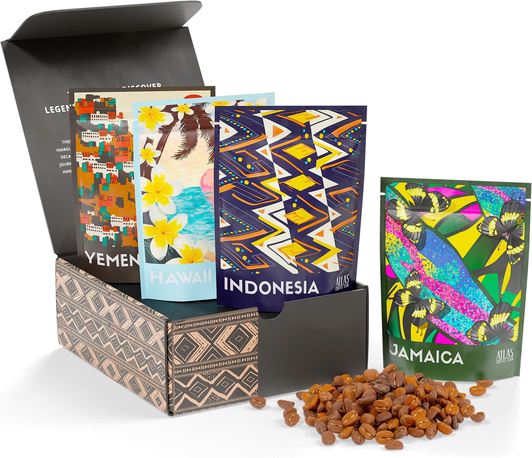 Atlas Coffee Club Rare Coffee Sampler, Gift Set for Him and Her, 4-Pack Variety Box of the World’s Most Unique Gourmet Single Origin Coffees Including Jamaica Blue Mountain, Whole Bean