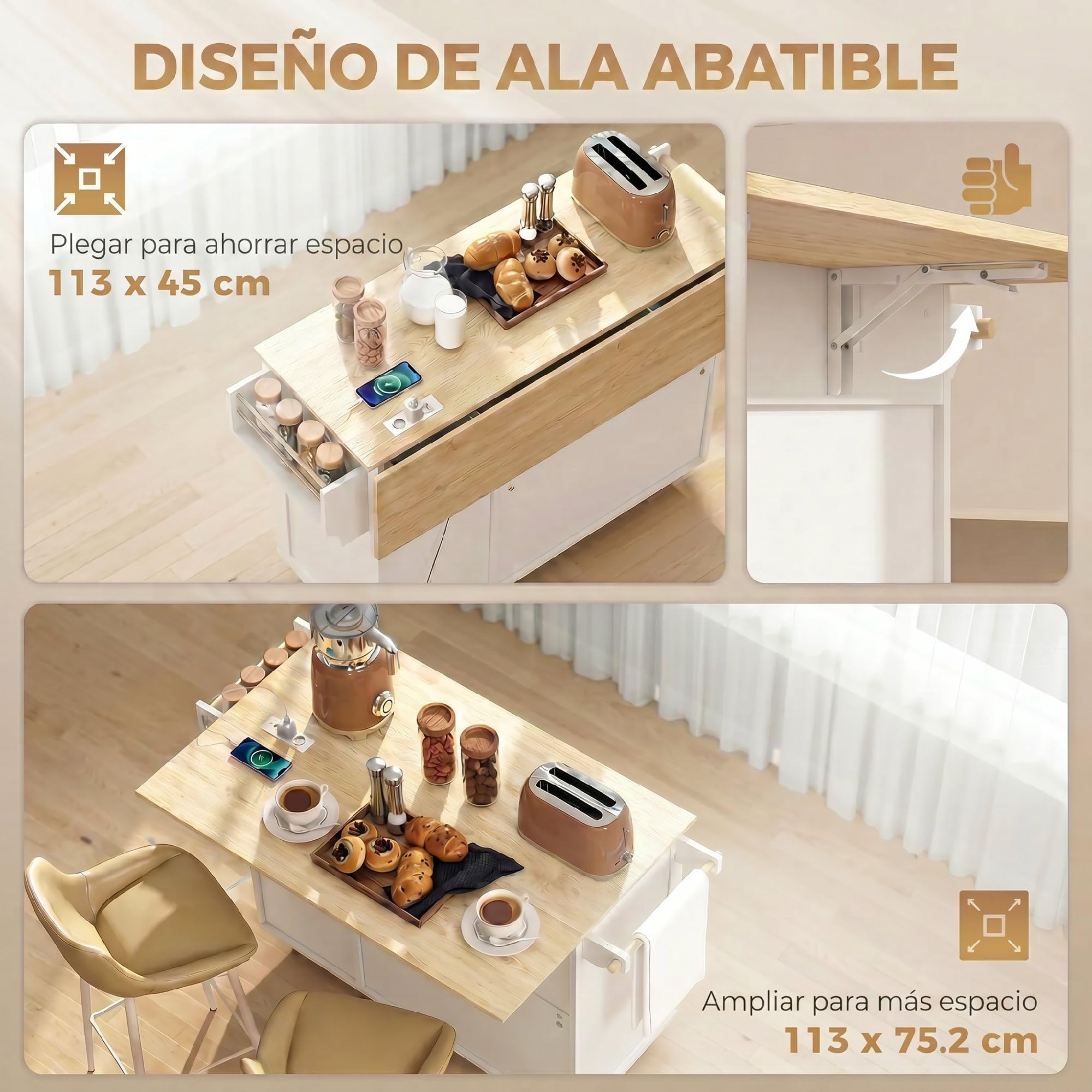 HOMCOM Isla de Cocina con Encimera Extensible y Estación de Carga, Carro de Cocina con Ruedas, 2 Puertas, 3 Cajones, Estantes Ajustables, Especiero y Toallero, Blanco
