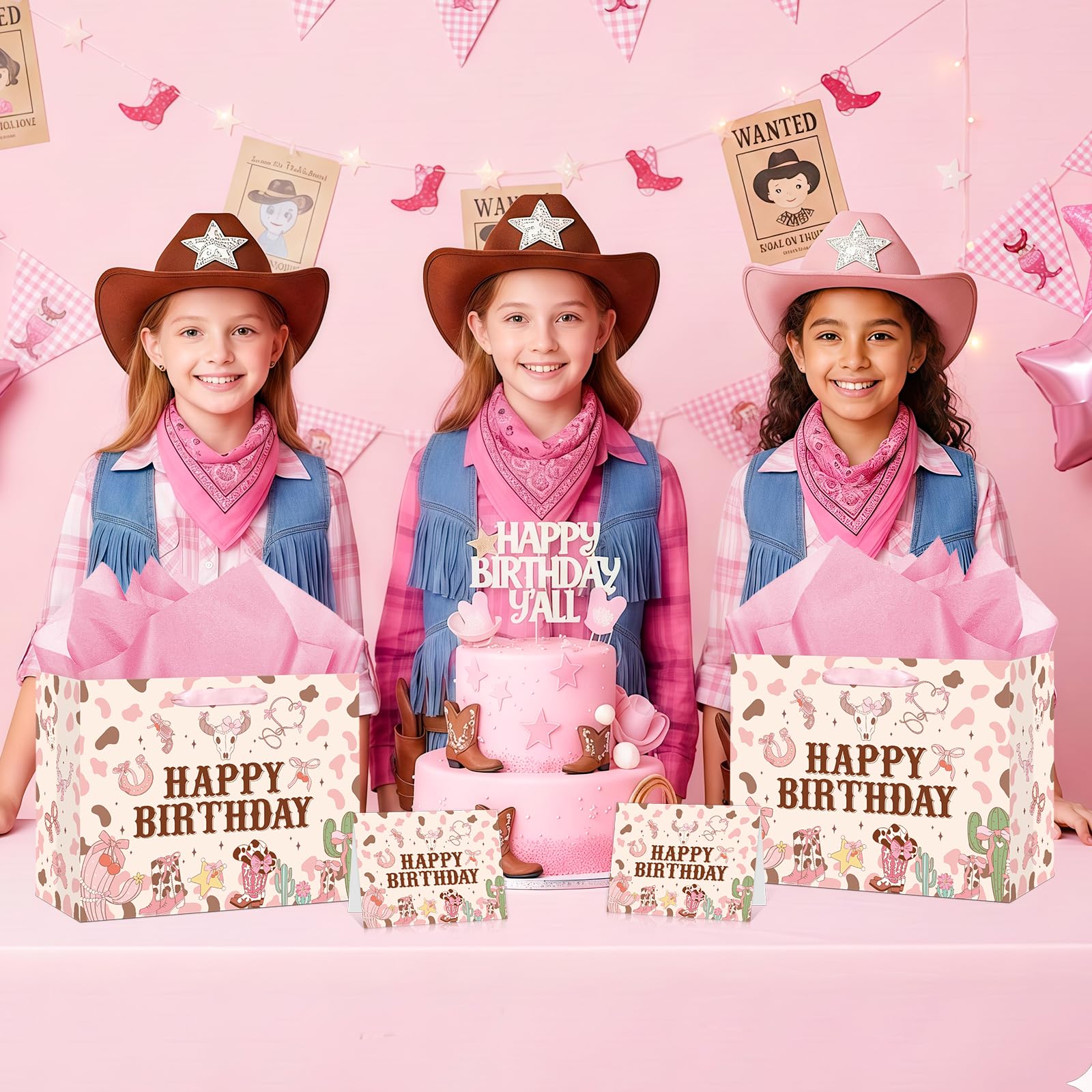 Wauprant Large Cowgirl Birthday Gift Bag for Girls Pink Wild West Western Happy Birthday Gift Bag with Wrapping Paper and Card for Girls First Rodeo Baby Shower Bachelorette Bday Party Supplies
