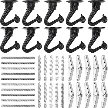 SEISSO 10 Sets Ceiling Hooks - Heavy Duty Metal Swag Hook with Hardware and Toggle Wings for Hanging Plants Ceiling Installation Cavity Wall Fixing Black