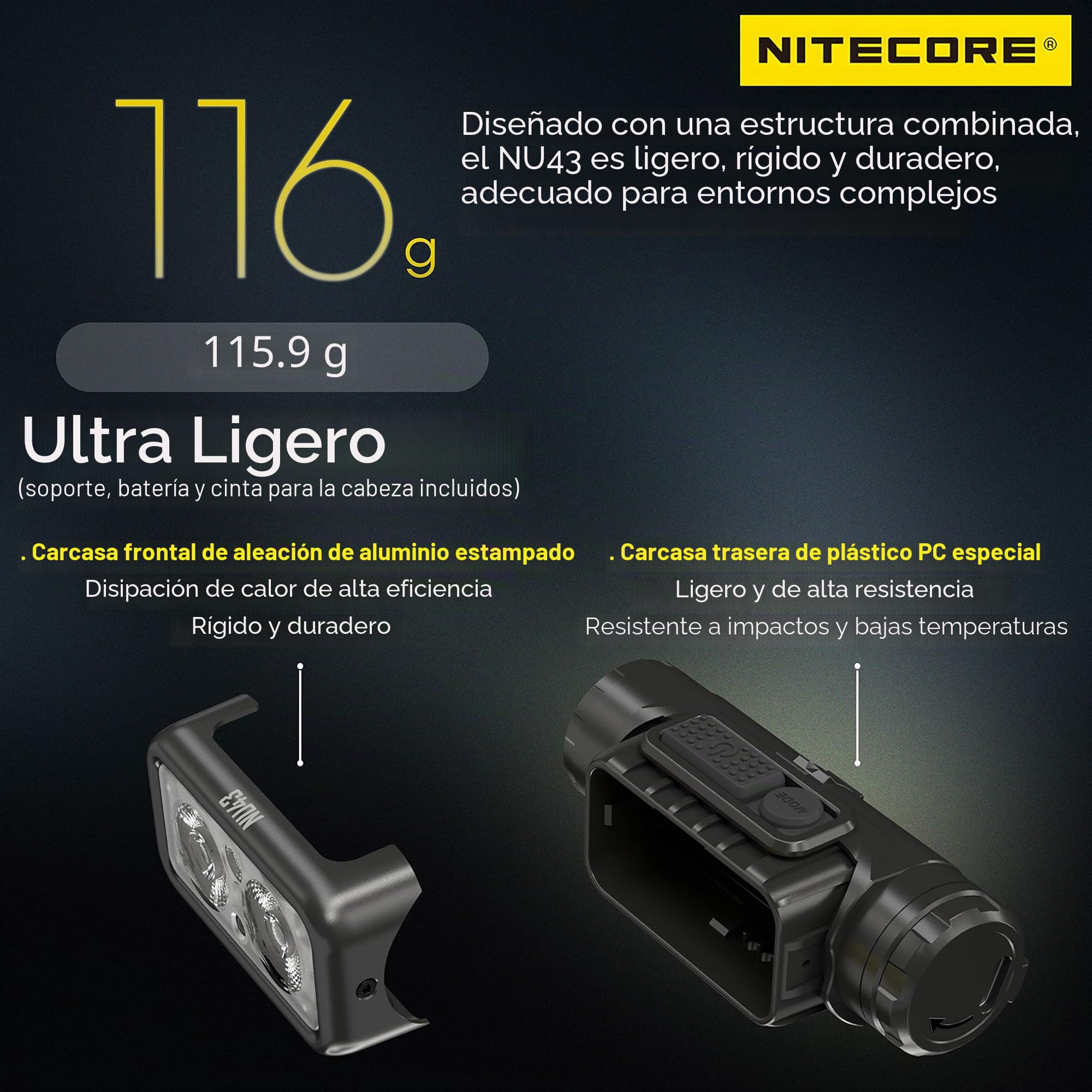Nitecore NU43 - Linterna frontal ligera de 1400 lúmenes, batería de 3400 mAh, USB-C, recargable (NU43-NCS-525)