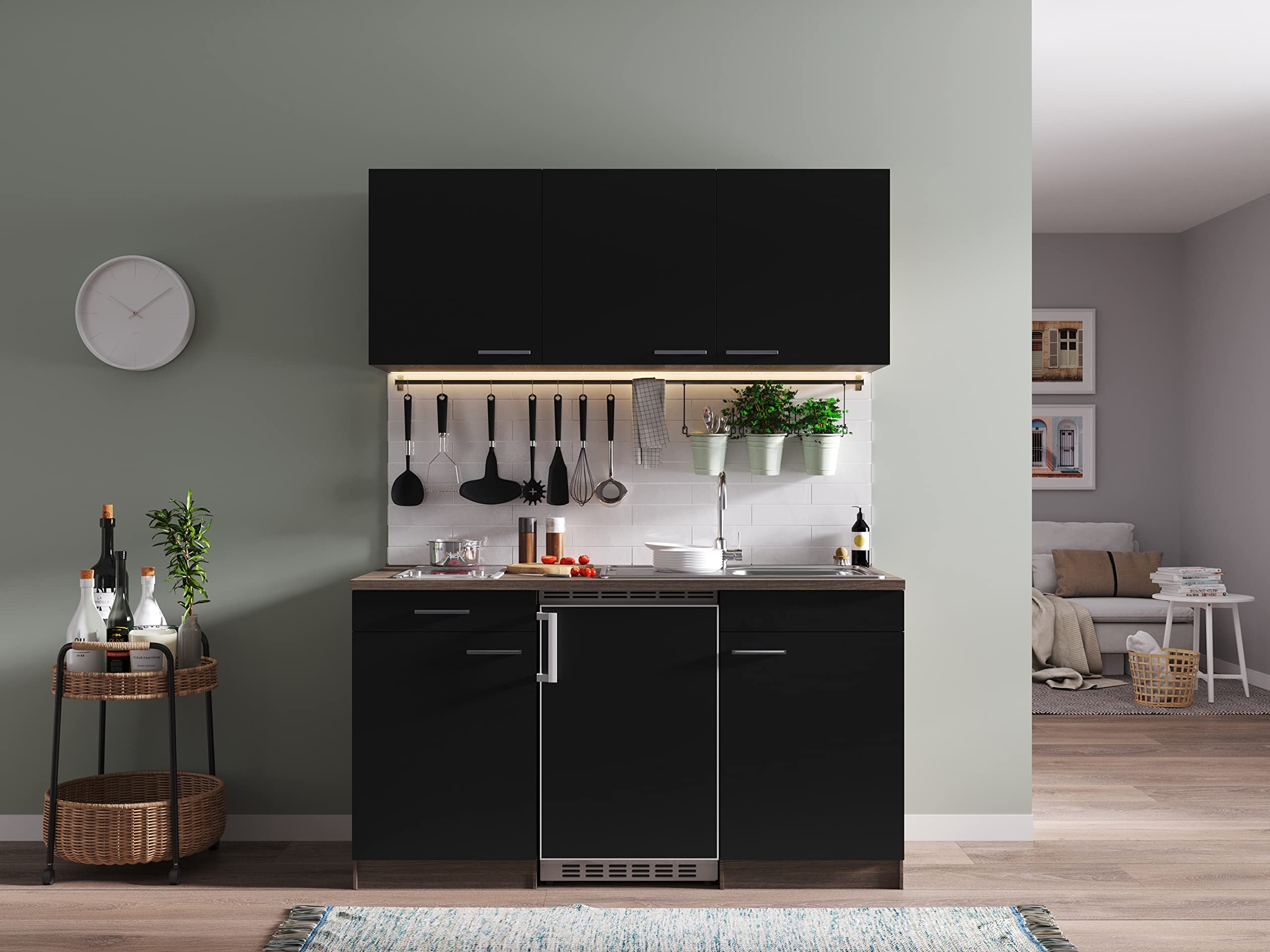 respekta Küchenzeile Oliver KB150EYSC Schwarz 150 cm Breite mit Elektrogeräten