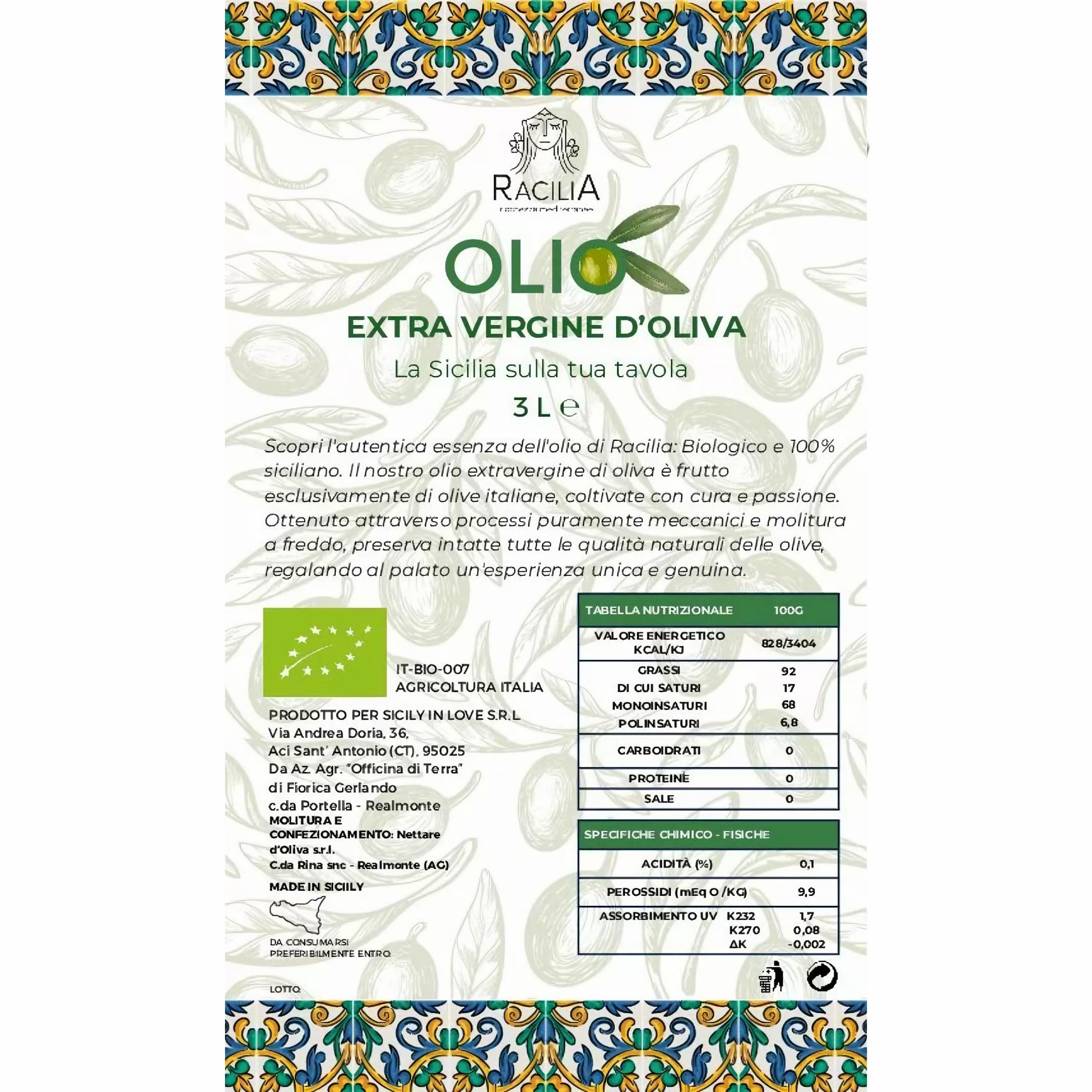 RACILIA Organiczna oliwa z oliwek 3L tłoczona na zimno - organiczna z Włoch Extra Virgin Sycylijska dziewica ekstrahowana na zimno | 100% Włoskie 3 Litry w Puszkach, Kuchnia Polska - Idealny Wybór