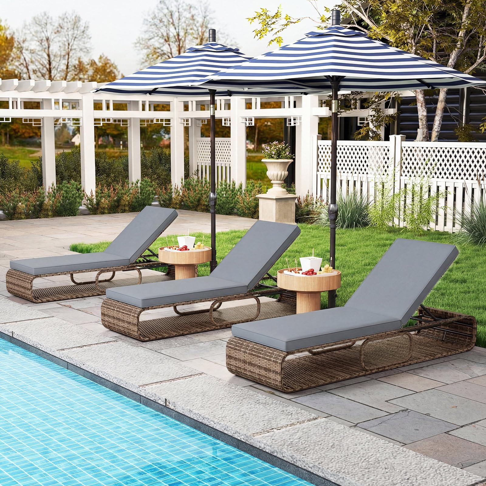 COSTWAY Sedia a Sdraio Imbottita in Rattan PE, Lettino Prendisole con Cuscino Morbido, Spazio di Stoccaggio e Schienale Regolabile a 7 Posizioni, Portata 180 kg, per Piscina e Giardino (1, Grigio)