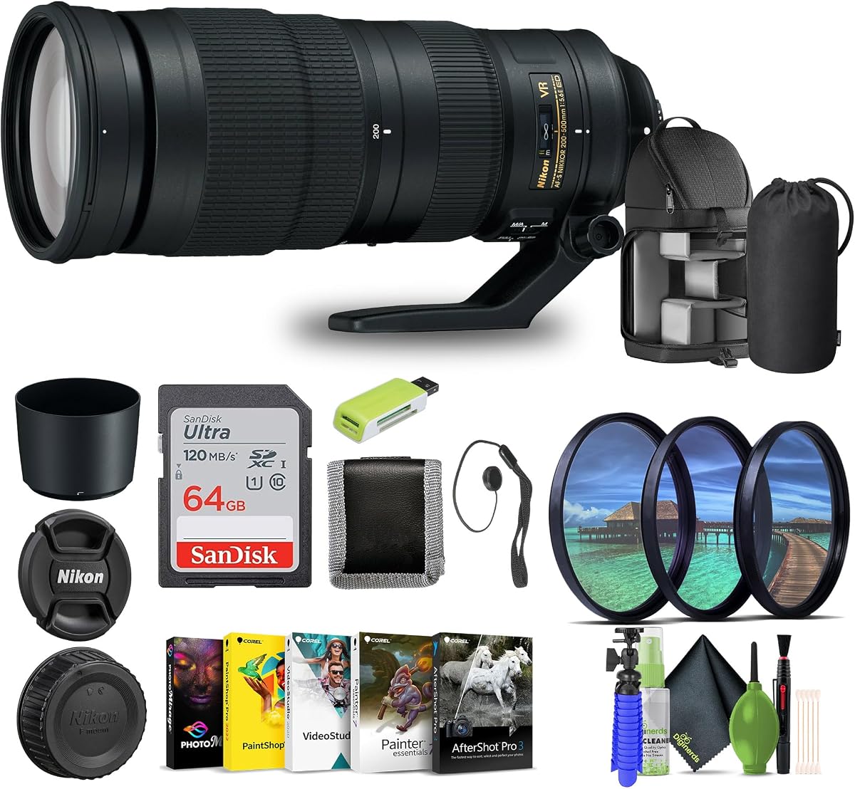 AF-S NIKKOR 200-500mm f/5.6E ED VR Super Telephoto Zoom Lens (20058) + 64GB Memory Card + Backpack + Card Reader + Corel Photo Software + Filter Kit + Flex Tripod + Memory Wallet + More