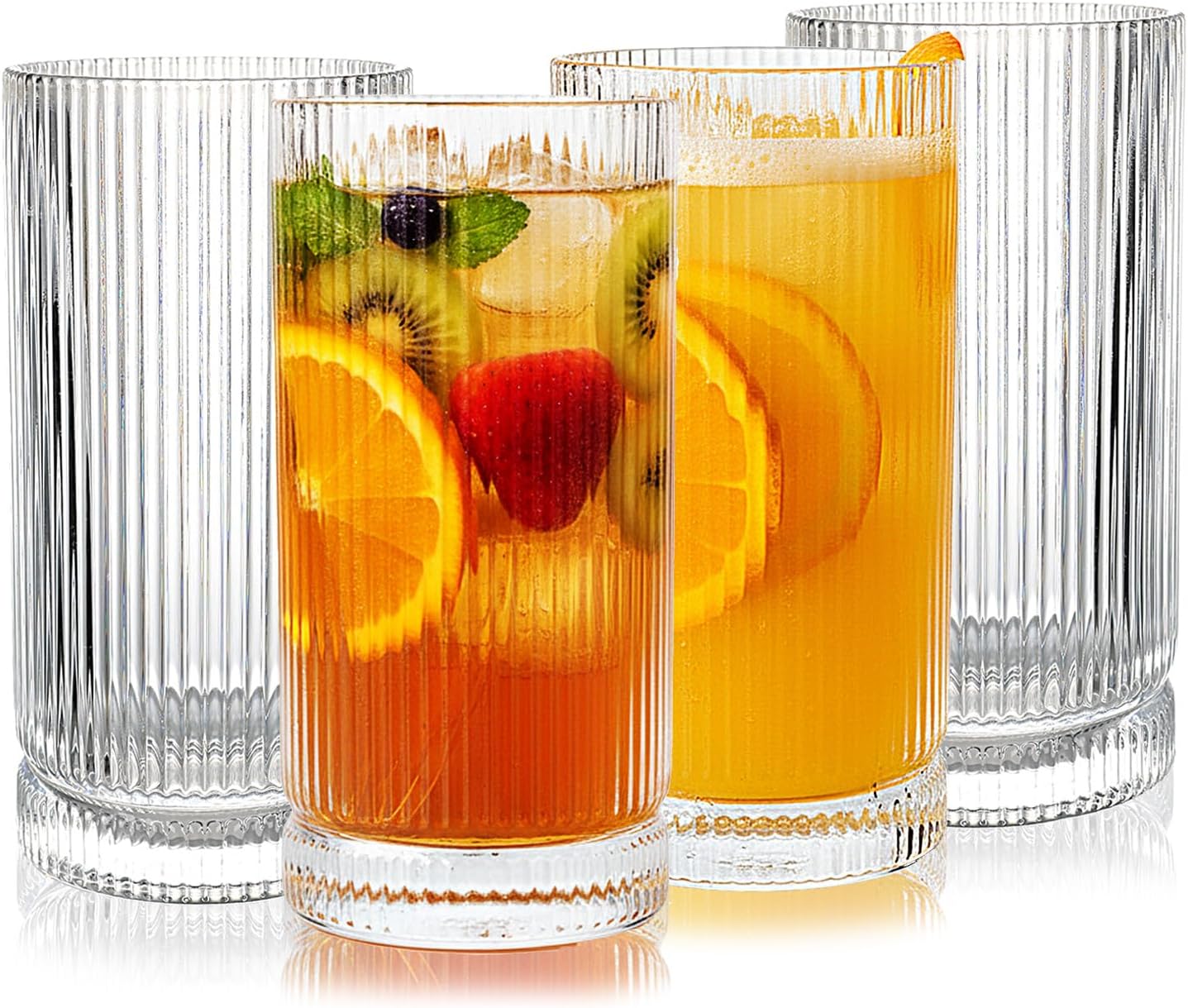 Vintage Ribbed Glassware Set, 16oz Drinking Glasses, Origami Style Set of 4, Fluted Design, Ideal for Water, Iced Coffee, Juice, Beer, Milk, Gift (16oz)