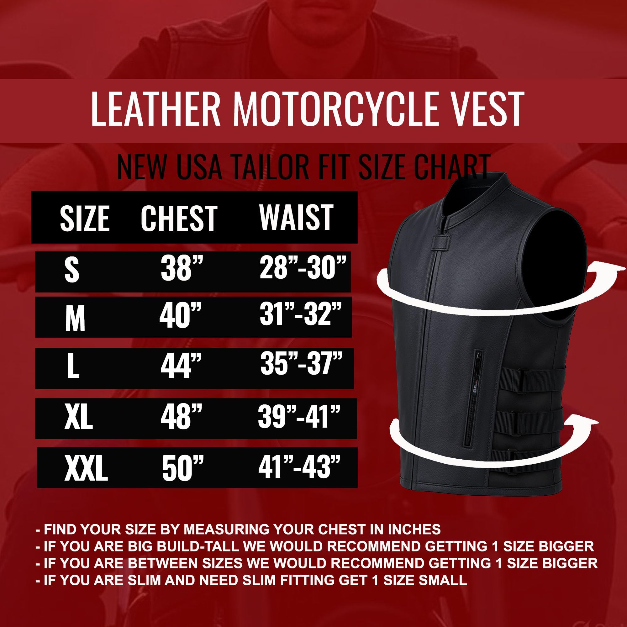Jackets 4 Bikes Chaleco de piel ajustable para hombre con diseño de motocicleta, color negro
