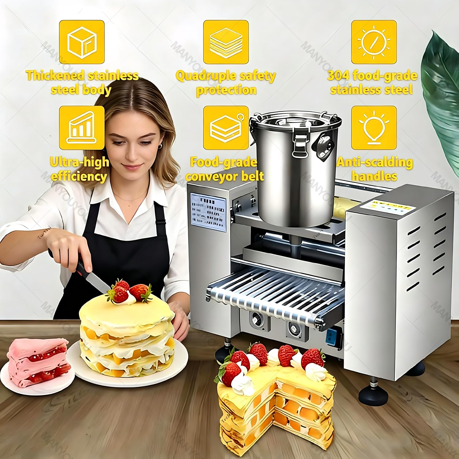 Máquina para Hacer Crepes, Crepera Eléctrica Y Plancha De Cocina, 100 a 350 Unidades por Hora, Espesor De 0,4 a 1,2 Mm, Diámetro De La Crepe De 15 a 23 Cm, Velocidad De Cocción Ajustable 8in