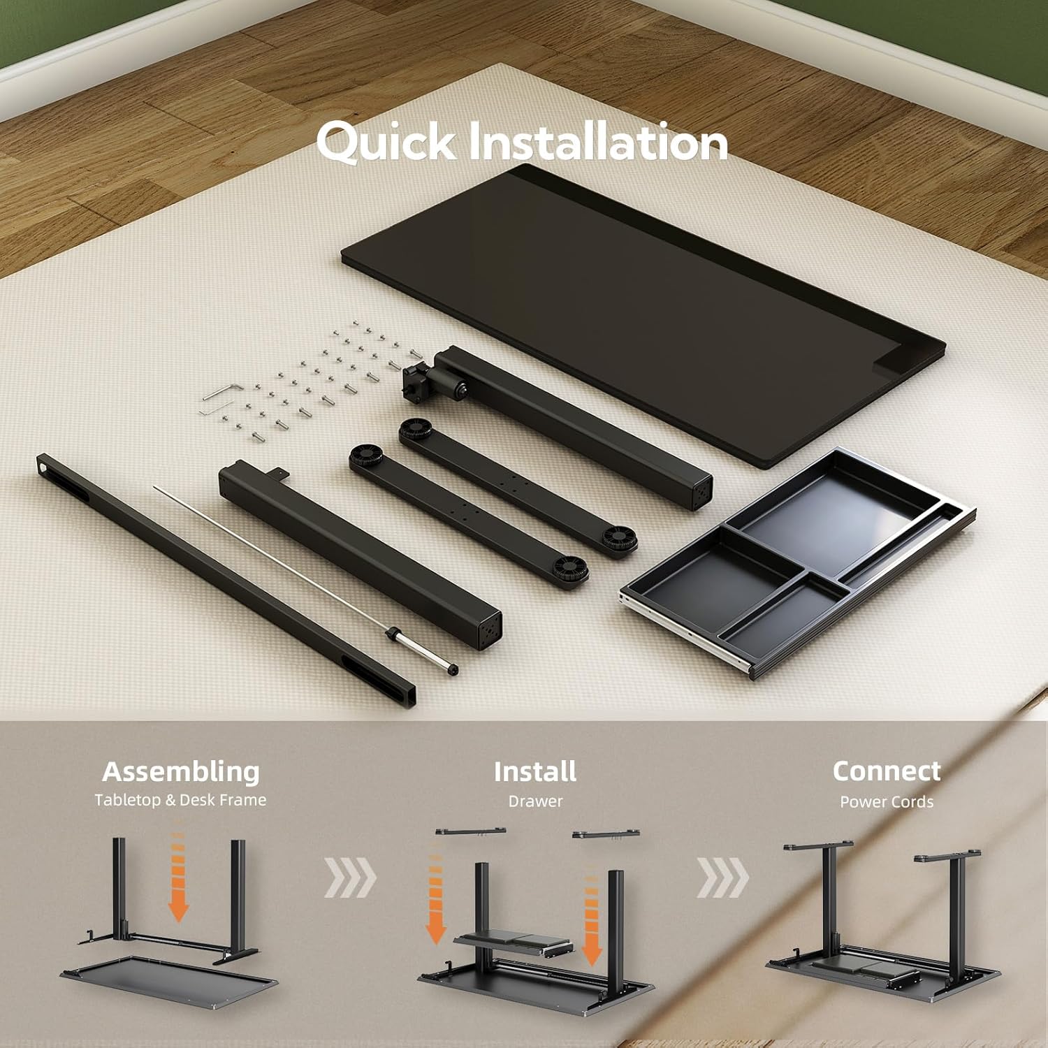 INNOVAR Glass Standing Desk with Drawers, 48 x 24 Inches Electric Height Adjustable Desk, Tempered Glass Top Stand Up Desks for Home and Office, Black