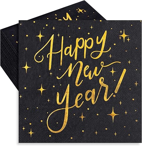 Whaline Paquete de 80 servilletas de Año Nuevo de 6.5 x 6.5 pulgadas, servilletas desechables de papel de aluminio negro dorado para feliz año