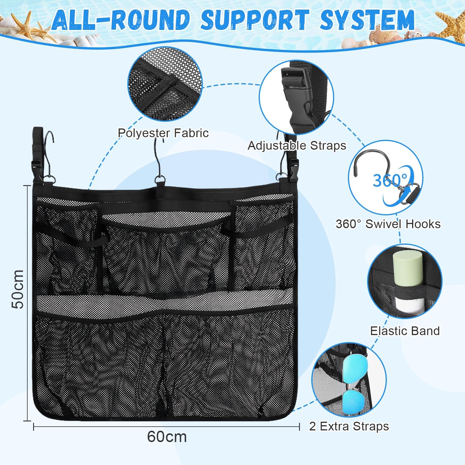 Panier de Rangement de Piscine, Sac Pochette en Maille Réglable au Bord de Piscine avec 5 Poches, Organisateur Accessoire de Piscine, Convient à 5 cm Moins Rail Supérieur, Noir
