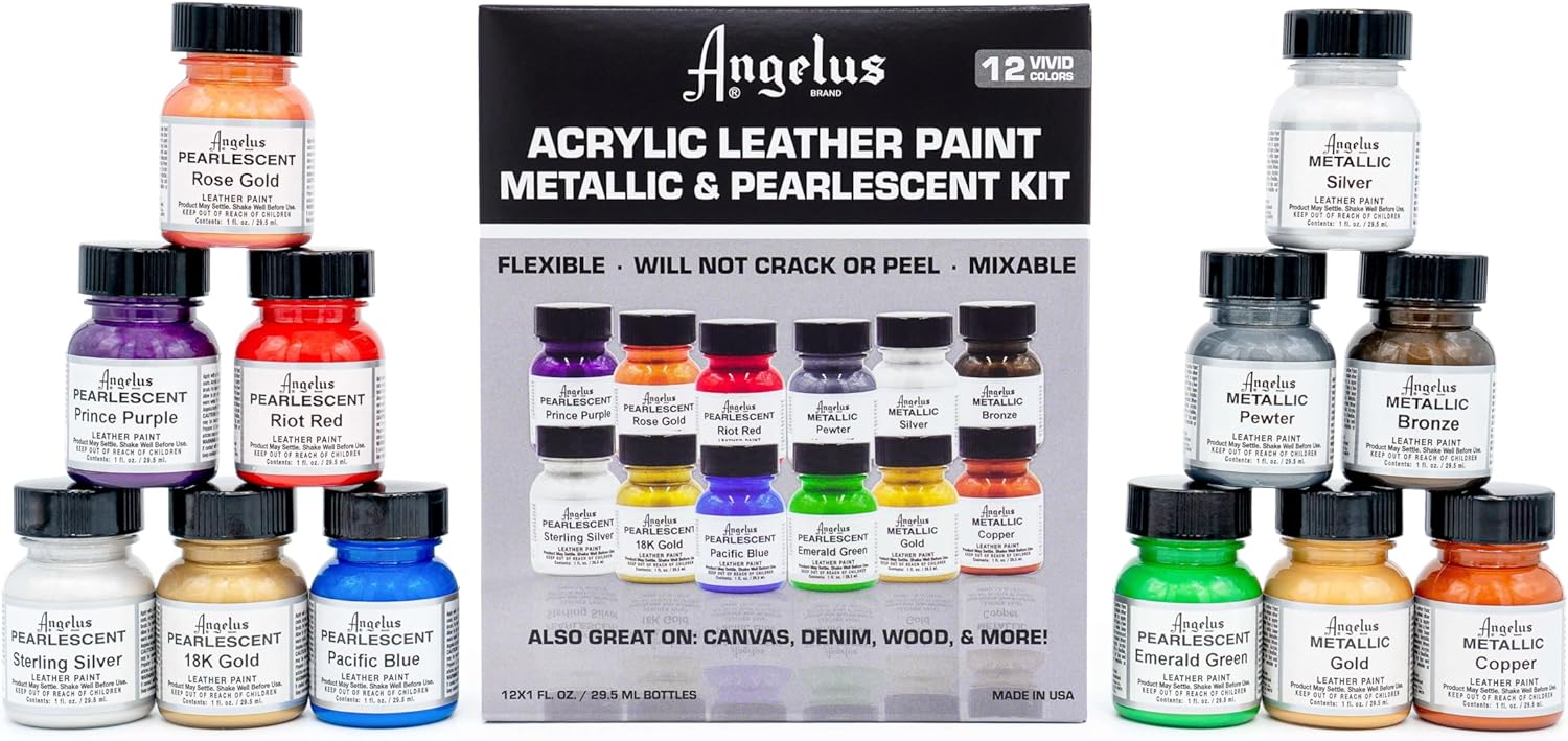 Angelus Acrylic Leather Paint Kit Metallic & Pearlescent 12 Pack Set (1 oz each) - Professional Metallic Acrylic Paint - Flexible, Crack, Peel Resistant for Shoes, Sneakers, Canvas, Demin, Wood