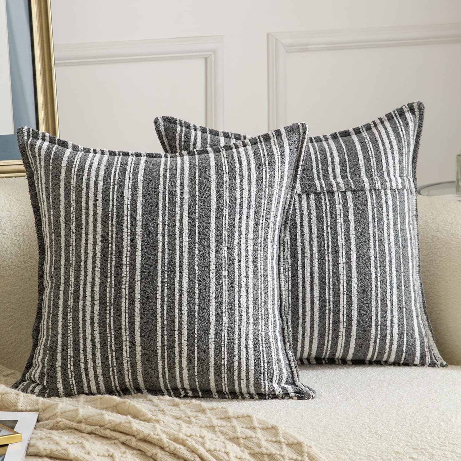 Madizz Decorative Boucle Grey Cushion Covers 45x45 cm Pack of 2 Throw Pillows for Couch Sofa Boho Accent Striped Pillow Cases for Bed Cushion for Bedroom Living Room Modern Home Decor โ image 1