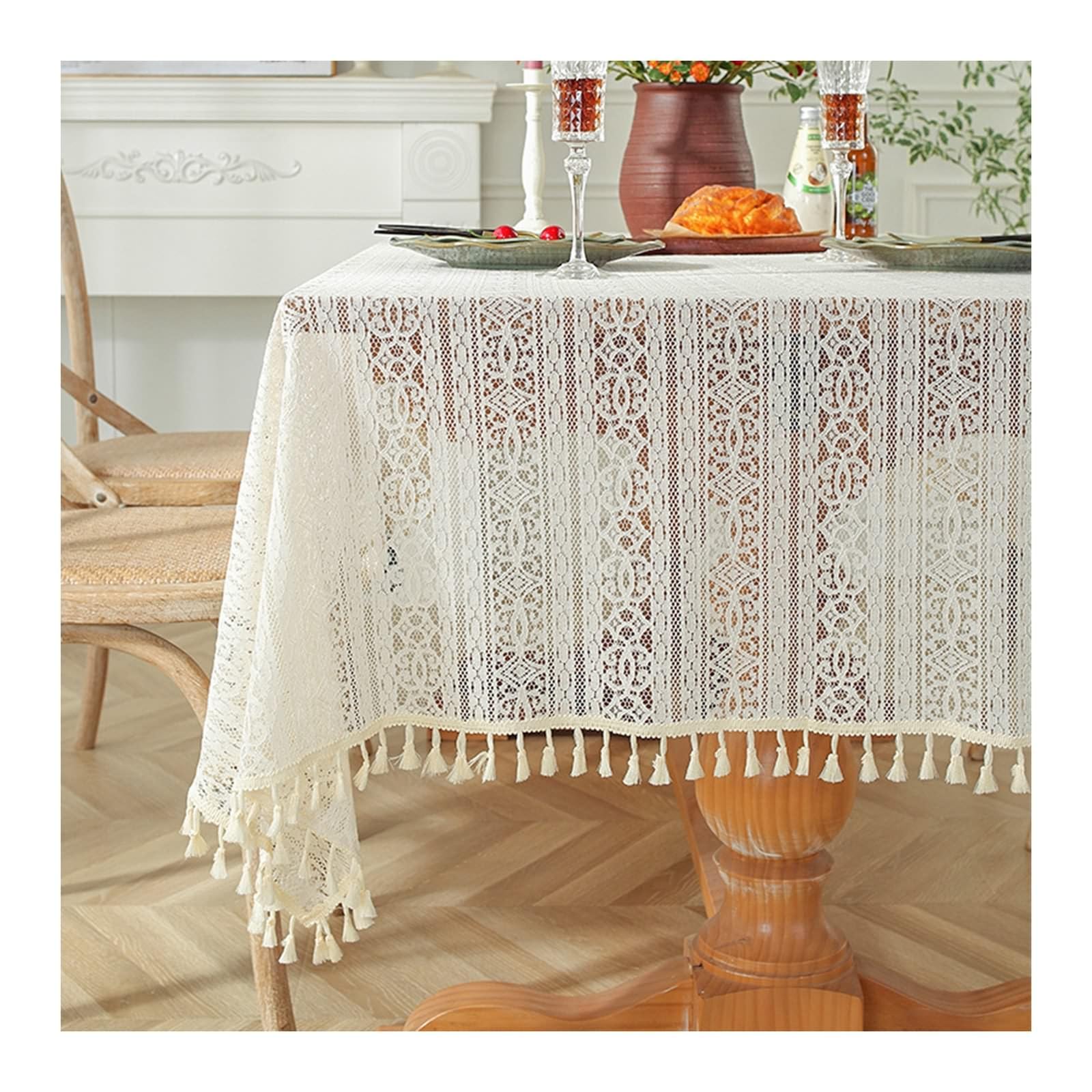 Daesar - Mantel Exterior Rectangular,Mantel Antimanchas Poliéster Encaje Hueco con Borlas Mantel Centro de Mesa Decorativo Beige,150x260CM(102x59Inch)