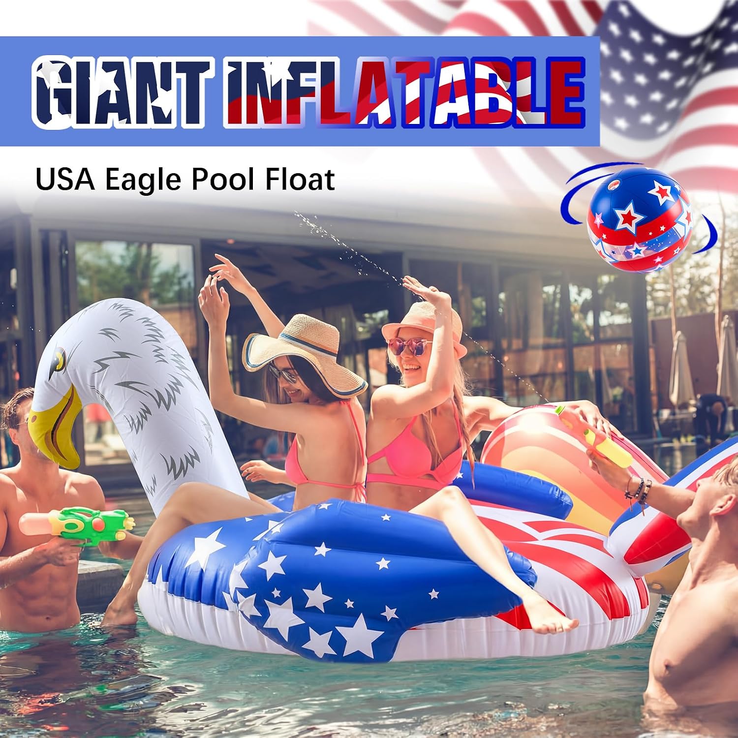 4th of July Eagle Pool Float with 2 Beach Balls, 60'' Giant Patriotic Floaties Swimming Tube Rings for Adults, 250th Anniversary Flag Design, Eagle Floating Raft for Independence Day Decor