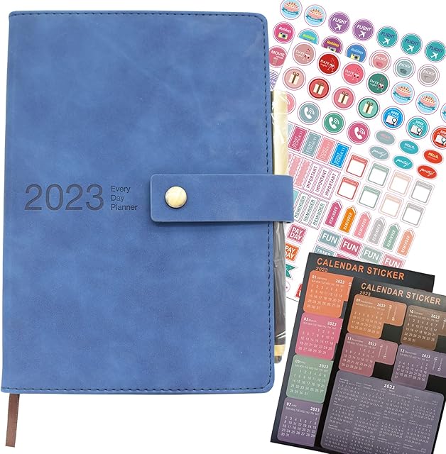 12-Month Daily Planner 2023, A5 Day Per Page, Daily Diary 2023, Hard Cover Organisers Journals with Pen,Bookmark,Monthly Tabs,Stickers and Inner Pocket - 14.5x21.5 cm (Blue)