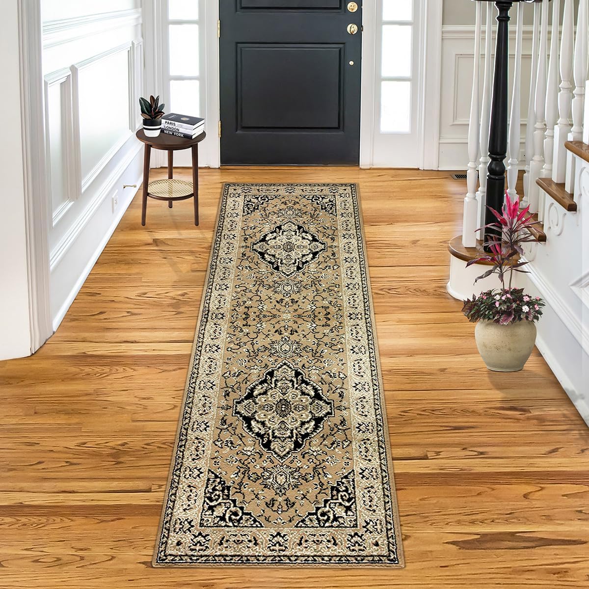 BNM Indoor Runner Rug, Jute Backing, Traditional Rugs for Living Room, Kitchen, Office, Dorm, Bedroom, Carpet Floor Decor, Oriental Medallion Floral Scroll Indoor Runner, 2' 7" x 8', Yellow Gold