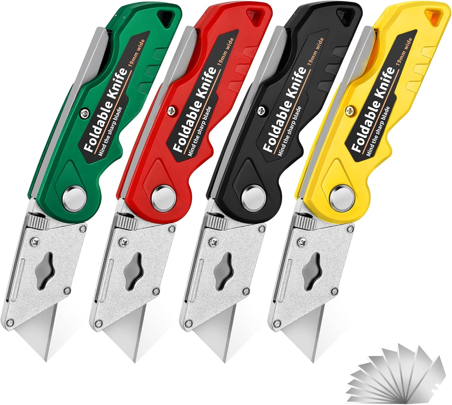 YC Kitchen Box Cutter,4-Pack Folding Utility Knife with Handle,Heavy Duty Utility Knife & Pocket Box Cutter with 10 Extra Blades,for Drywall, Sheet Plastic, Linoleum, Boxes, Rope