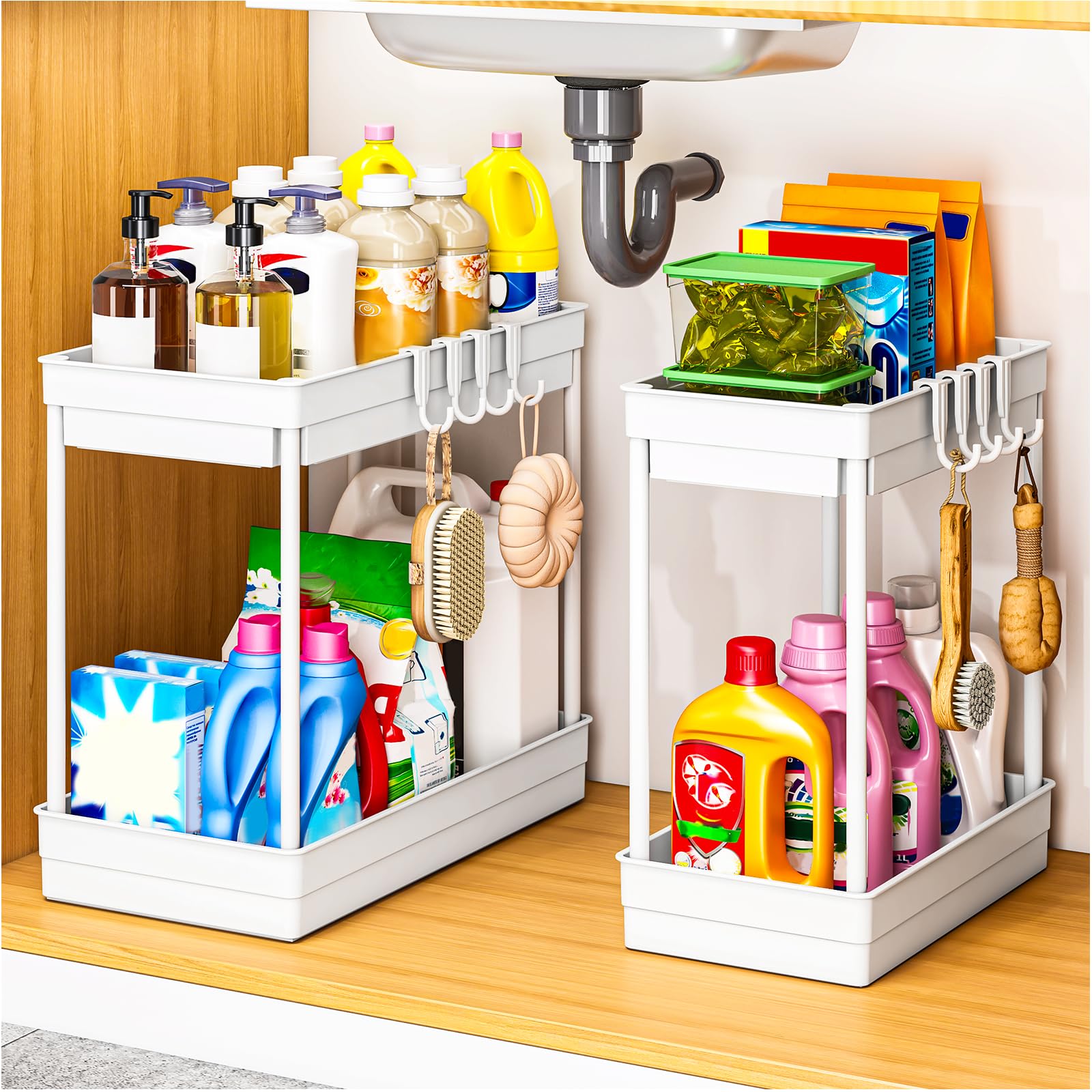PurKeep 2Pack Under Sink Storage - Cupboard Organiser Kitchen Storage and Organisation, 2 Tier Under Sink Shelf, Under Cabinet Organizer with Hooks, for Bathroom Countertop, White, 2 Size 1L+1M