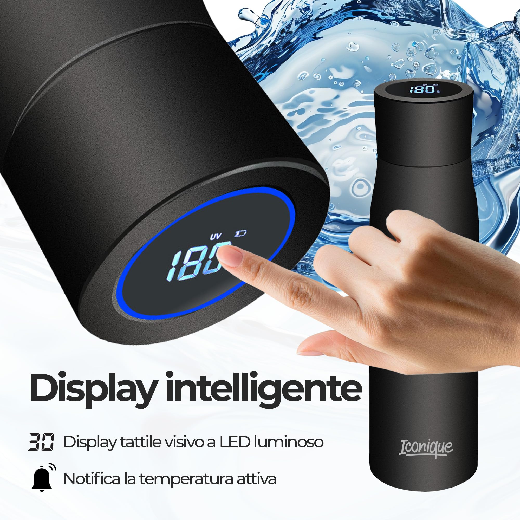 Iconique Borraccia In Acciaio Inossidabile Con Filtro UV | 500ml | Nero | Filtro Per L’acqua Autopulente, Coperchio Con Indicatore Di Temperatura A LED, Funzione Di Promemoria Per Bere