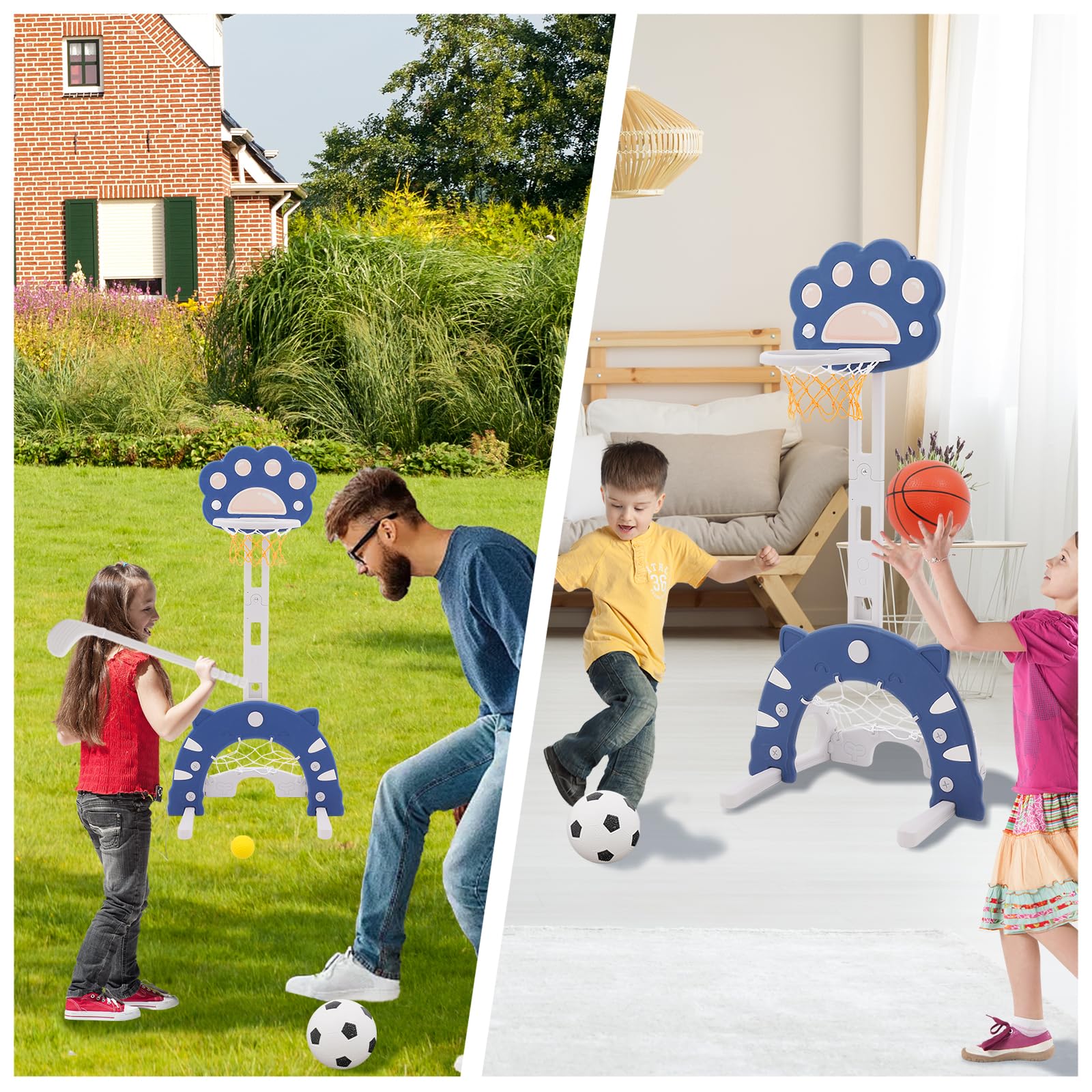 Kinder Basketballkorb Set Höhenverstellbarer Basketballständer & Fußballtor Golfspiel Ringwurf für Jungen und Mädchen,Basketballkorb Kinder für Indoor und Outdoor geeignet