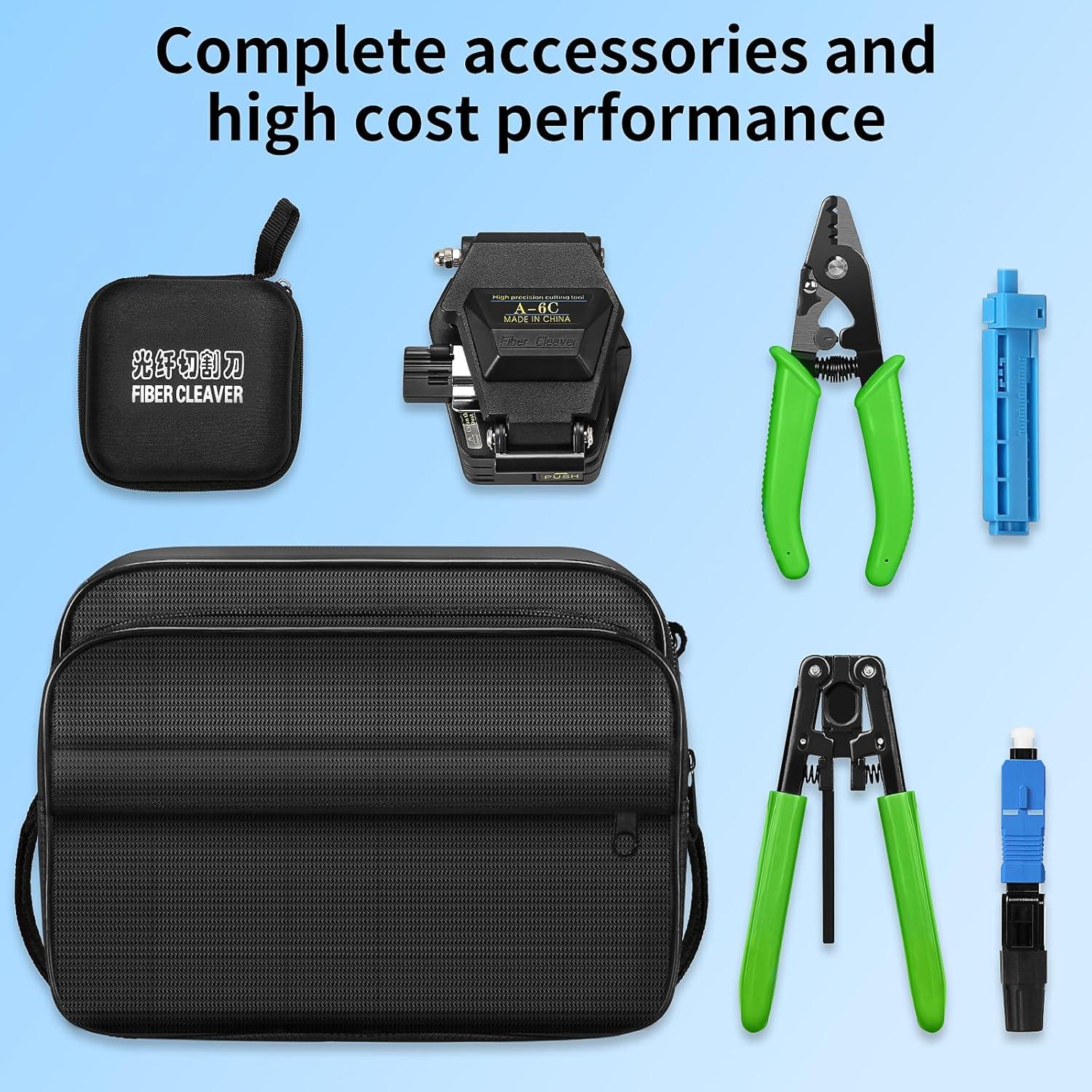 6-in-1 Fiber optic tool kit with high-precision A-6C Optical Fiber Cleaver and Multi functional three port Fiber optic stripping pliers, well as 10pcs SCUPC Fiber optic quick connector