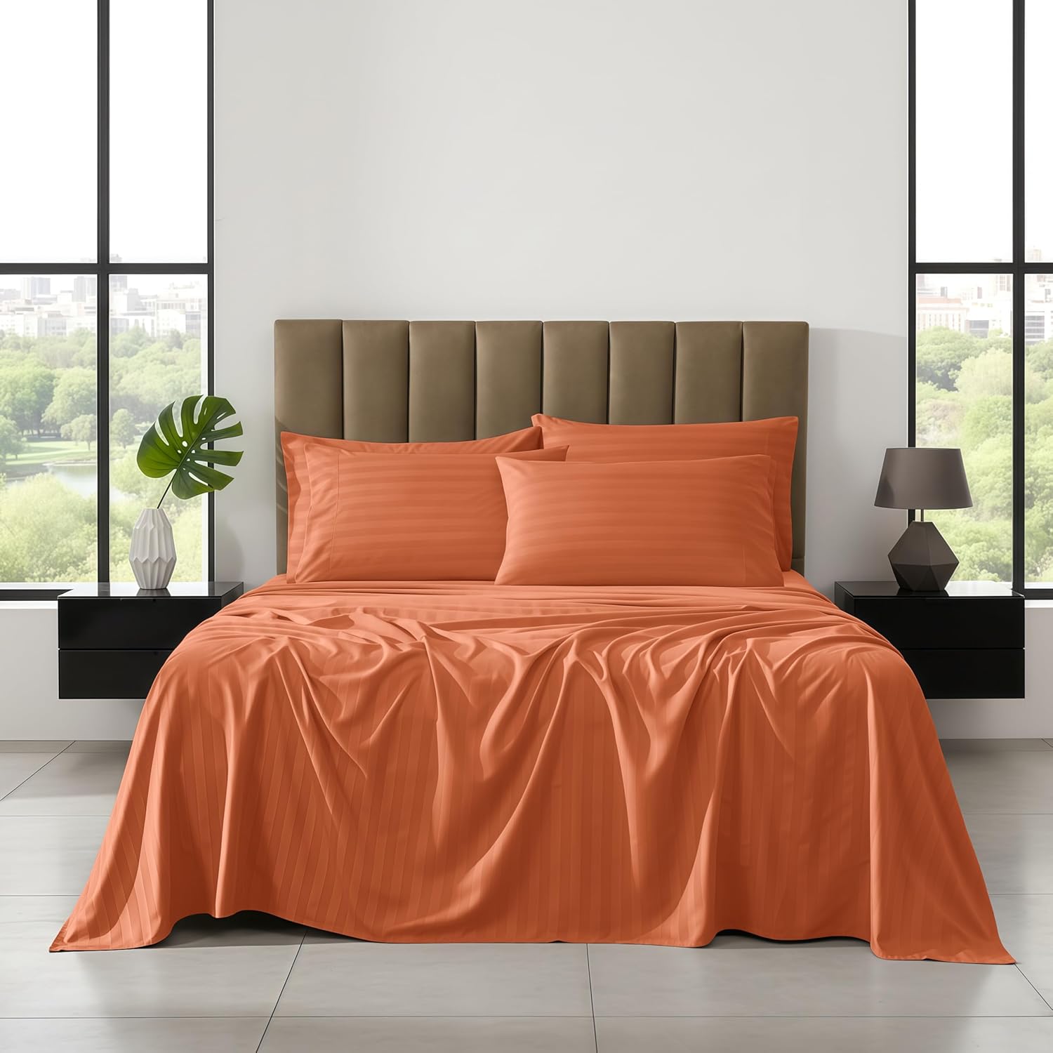 Elegant Comfort Super Silky Soft - 1500 Premium Hotel Quality Luxurious Wrinkle, Fade, Stain Resistant 6-Piece Stripe Bed Sheet Set, King, Coral