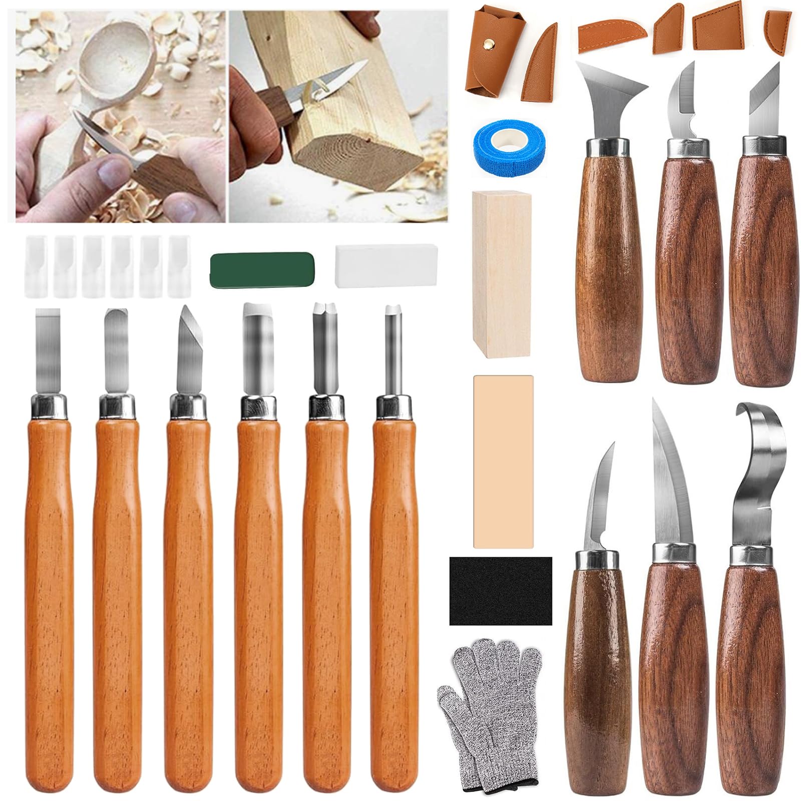 Juego de herramientas de tallado de madera, 20 en 1, juego con 12 cuchillos para tallar, con para principiantes/profesionales, talla con guantes resistentes a los cortes, cinta adhesiva, papel mate y