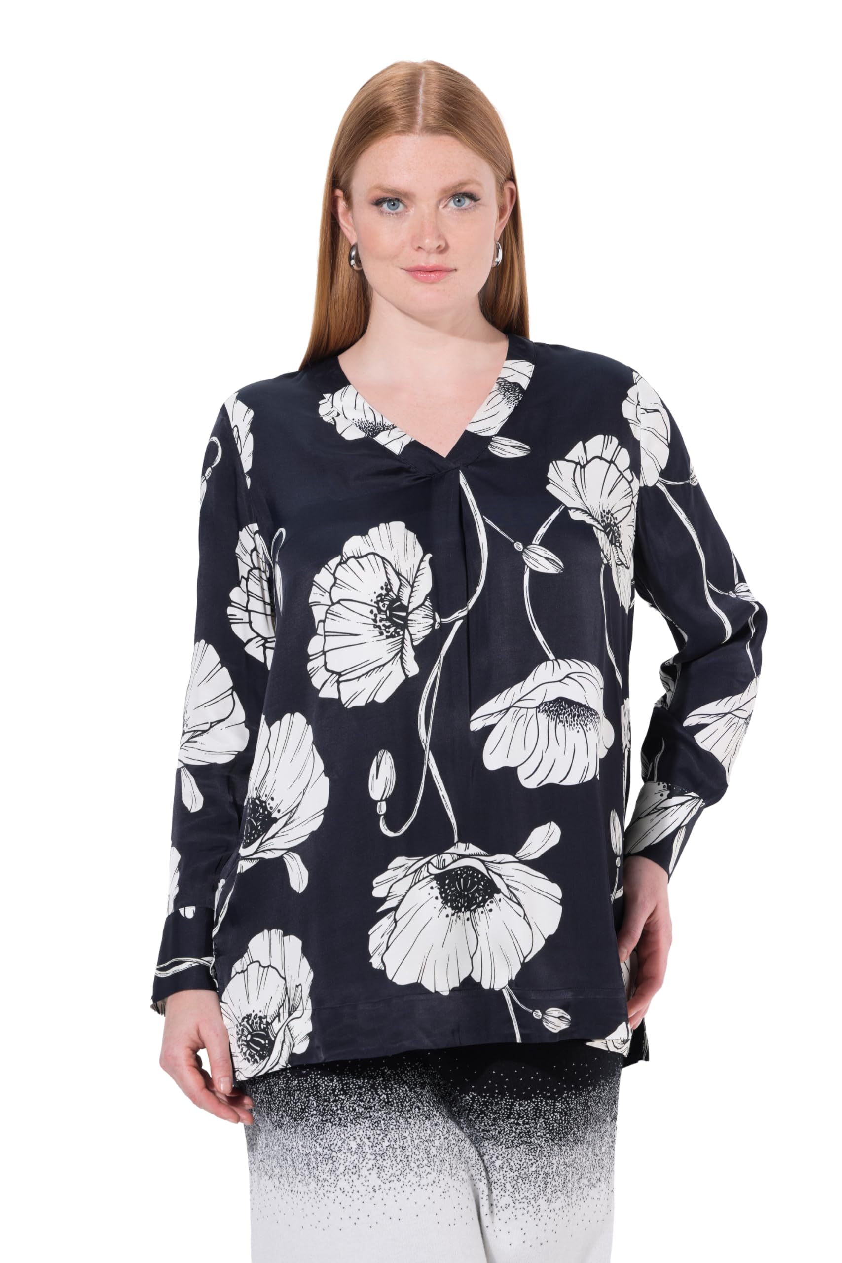 Ulla Popken Damen große Größen Übergrößen Plus Size Satin-Tunika, Blüten, V-Ausschnitt, Langarm 845318